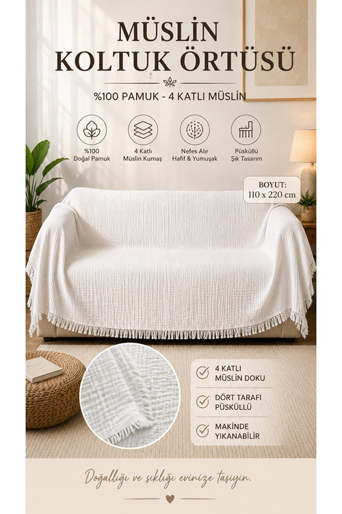 %100 Organik Pamuk 4 Katlı Müslin Koltuk Şalı - TV Battaniyesi - Beyaz Dekoratif Örtü(110x220 Cm)