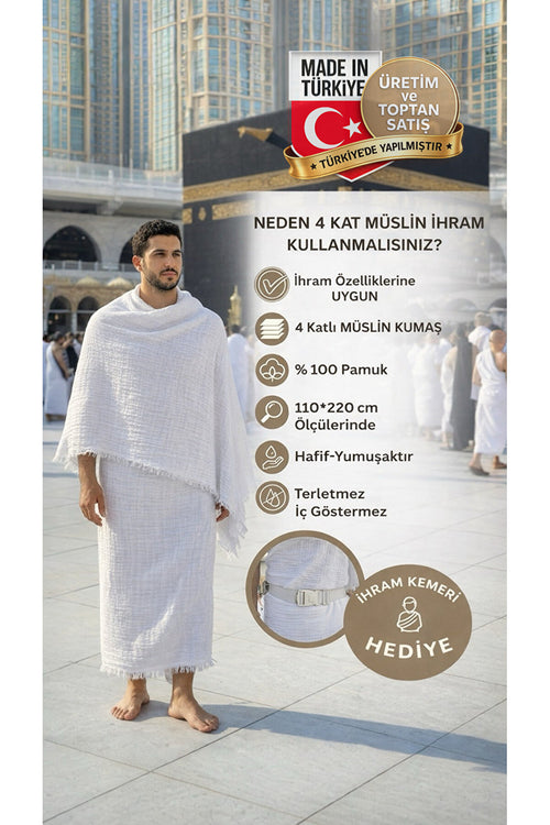 %100 Pamuk 4 Katlı Müslin İhram - İç Göstermez Hac-Umre Kıyafeti (110x220 Cm) Kemer Hediyeli