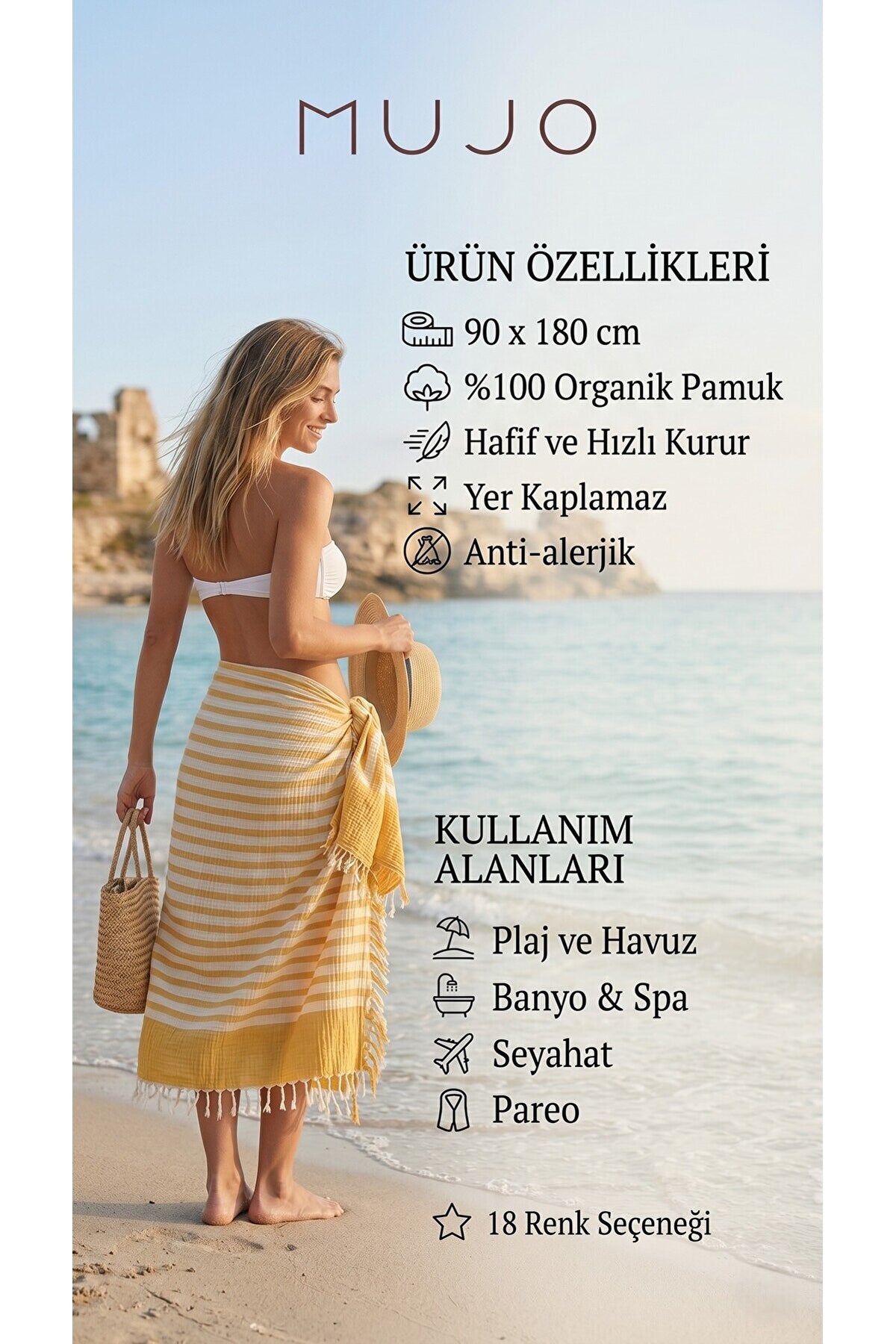 2 Kat Müslin Banyo/Plaj Havlusu - Peştemal - Pareo %100 Organik Pamuk 90 X 180 Cm