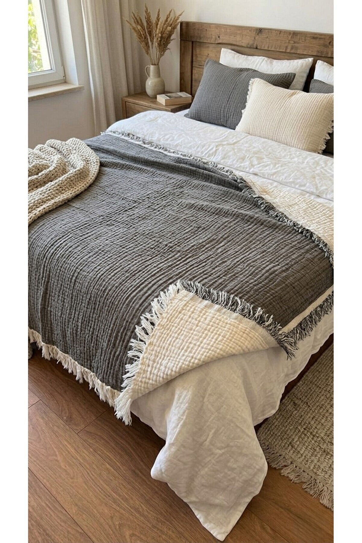 4 Katlı Müslin Yatak Örtüsü Pike Çift Taraflı - %100 Pamuk Çift Kişilik Ekstra Yumuşak 210x230 Cm