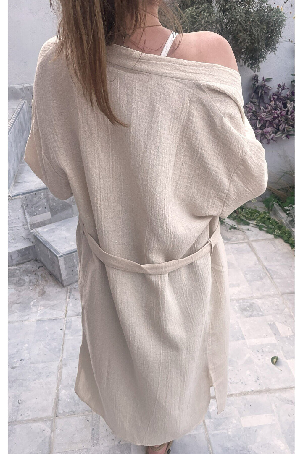 Kadın Ekru Kimono 2 Kat Organik Hafif Simli Müslin Krinkıl