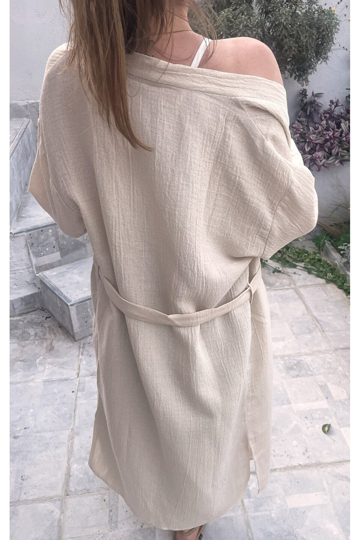 Kadın Ekru Kimono 2 Kat Organik Hafif Simli Müslin Krinkıl