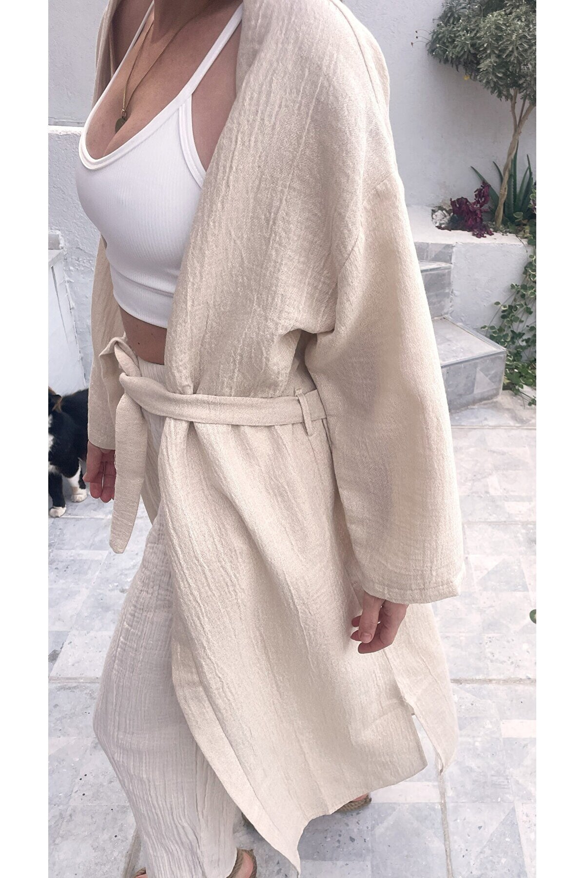 Kadın Ekru Kimono 2 Kat Organik Hafif Simli Müslin Krinkıl