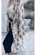 Kadın Siyah-ekru Desenli Kimono Alaçatı - 2 Kat Organik Müslin Krinkıl