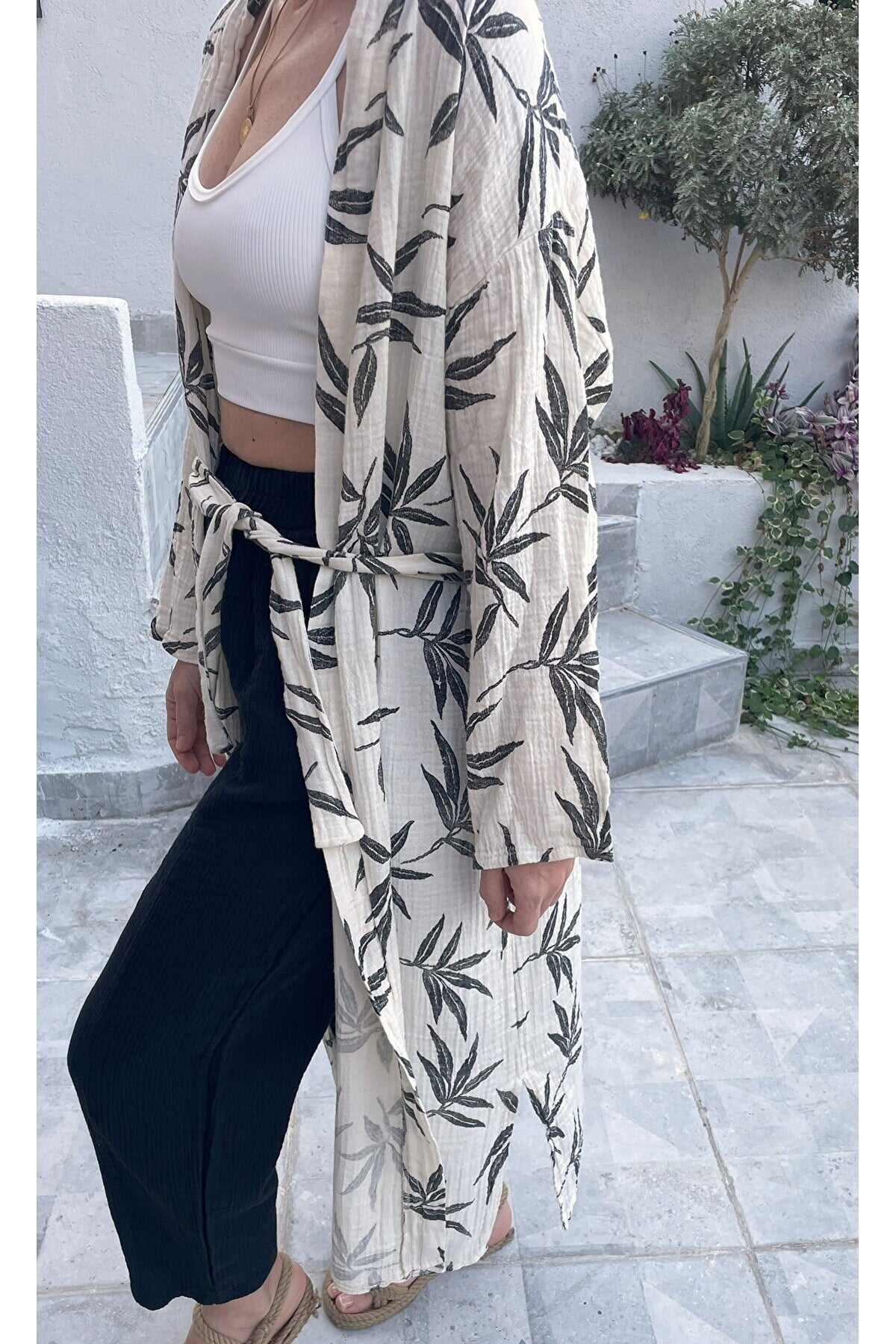 Kadın Siyah-ekru Desenli Kimono Alaçatı - 2 Kat Organik Müslin Krinkıl