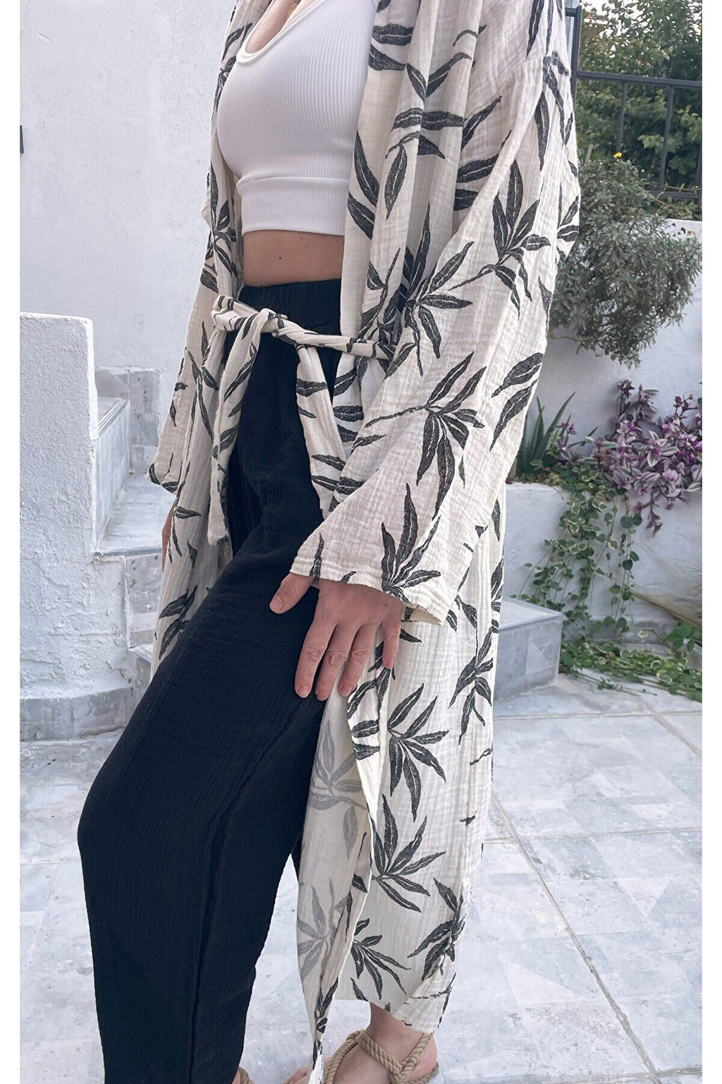 Kadın Siyah-ekru Desenli Kimono Alaçatı - 2 Kat Organik Müslin Krinkıl