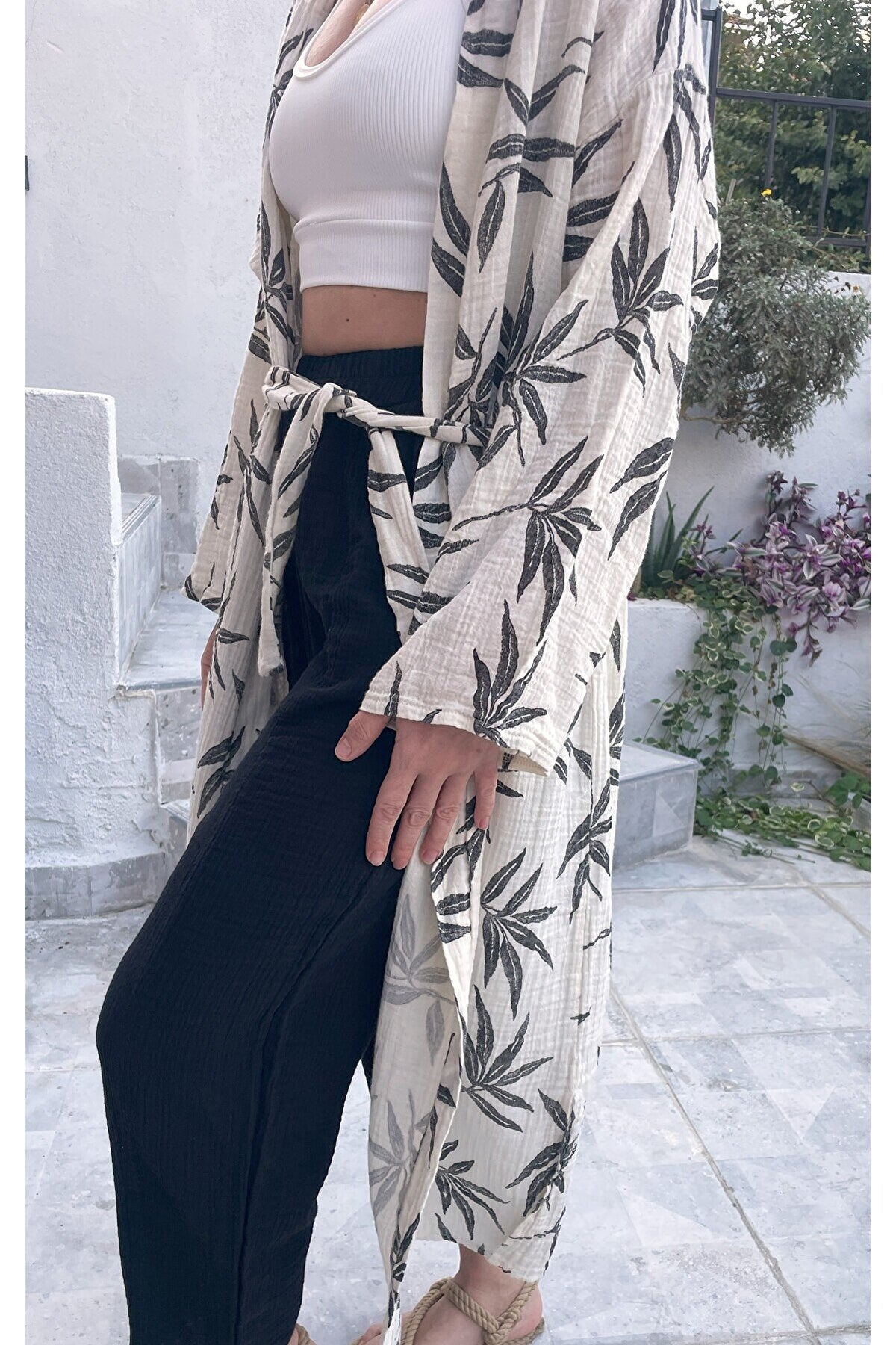 Kadın Siyah-ekru Desenli Kimono Alaçatı - 2 Kat Organik Müslin Krinkıl