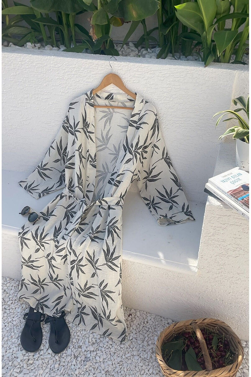 Kadın Siyah-ekru Desenli Kimono Alaçatı - 2 Kat Organik Müslin Krinkıl