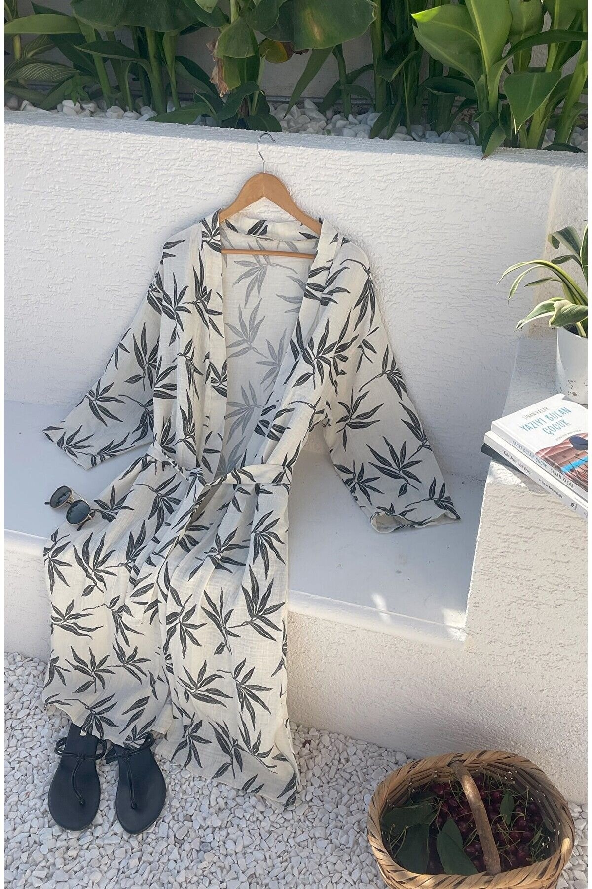 Kadın Siyah-ekru Desenli Kimono Alaçatı - 2 Kat Organik Müslin Krinkıl
