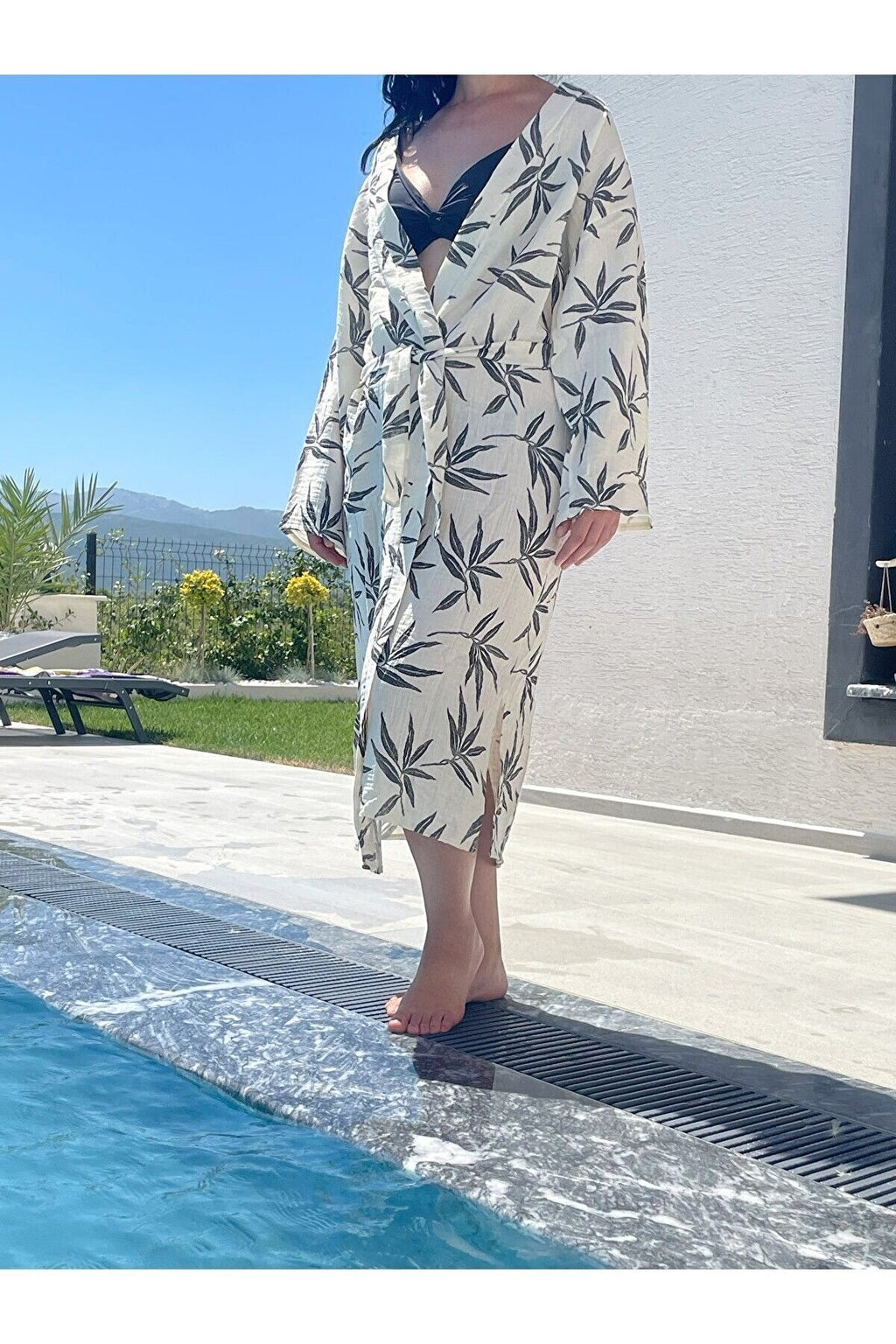 Kadın Siyah-ekru Desenli Kimono Alaçatı - 2 Kat Organik Müslin Krinkıl