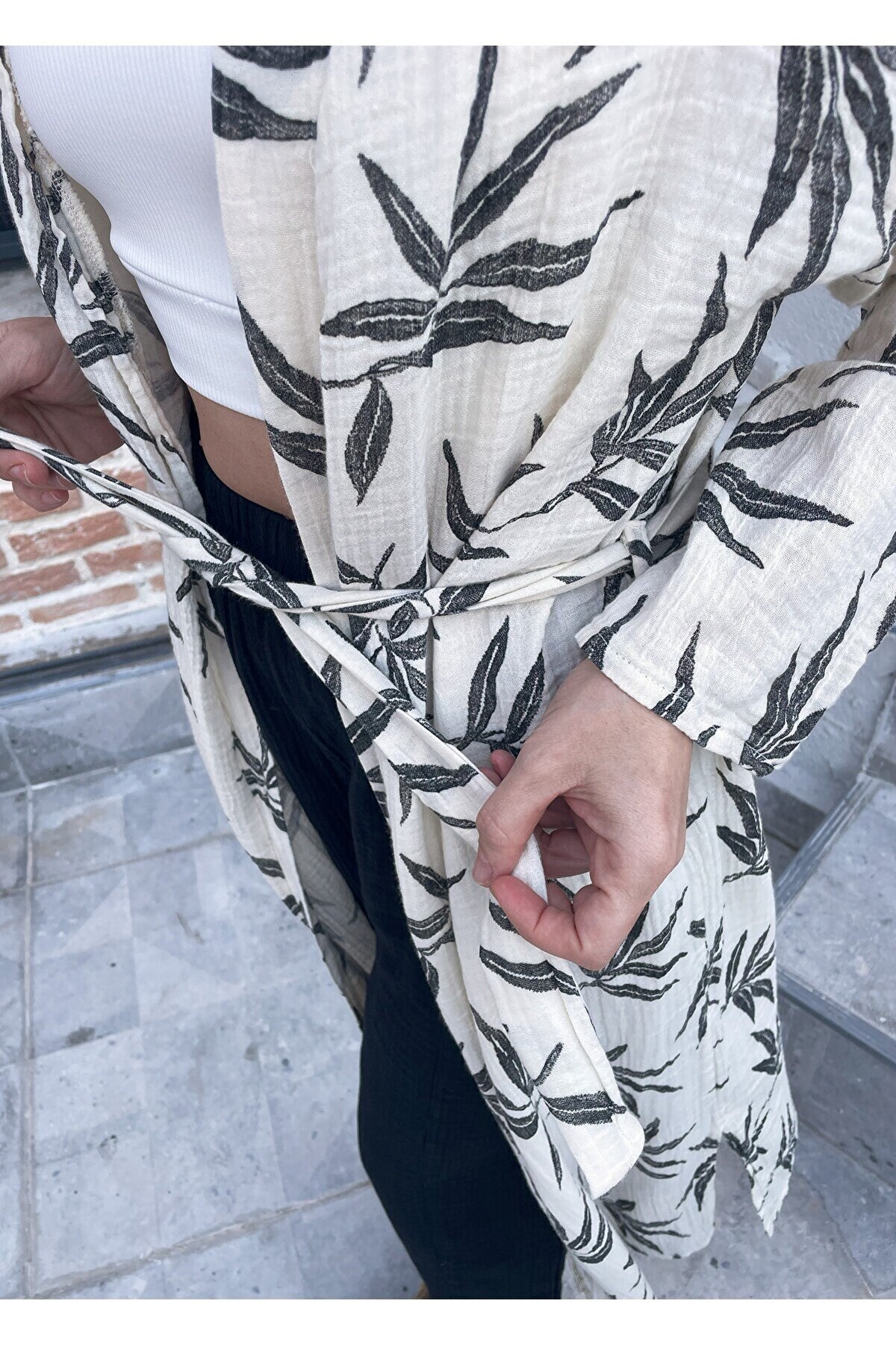 Kadın Siyah-ekru Desenli Kimono Alaçatı - 2 Kat Organik Müslin Krinkıl