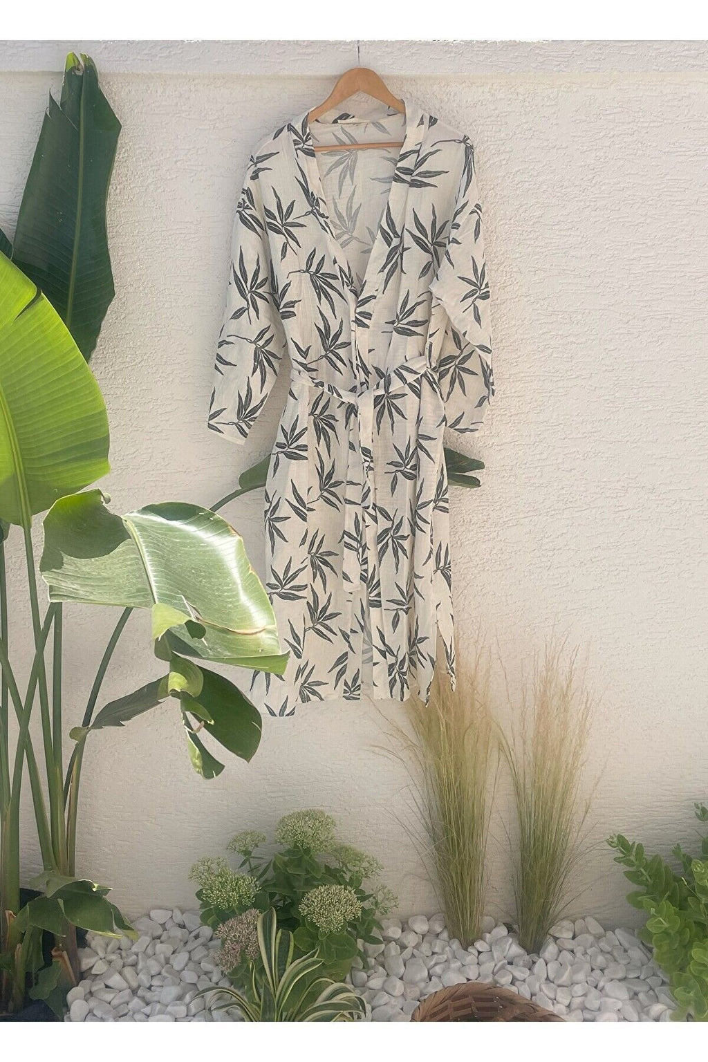 Kadın Siyah-ekru Desenli Kimono Alaçatı - 2 Kat Organik Müslin Krinkıl