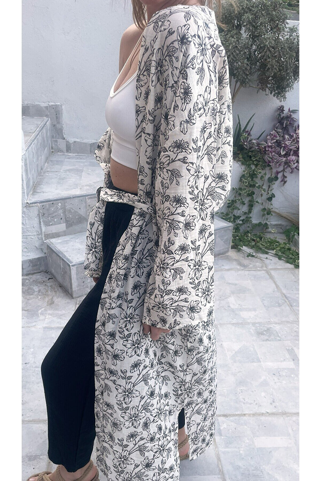 Kadın Siyah-ekru Desenli Kimono Bodrum - 2 Kat Organik Müslin Krinkıl