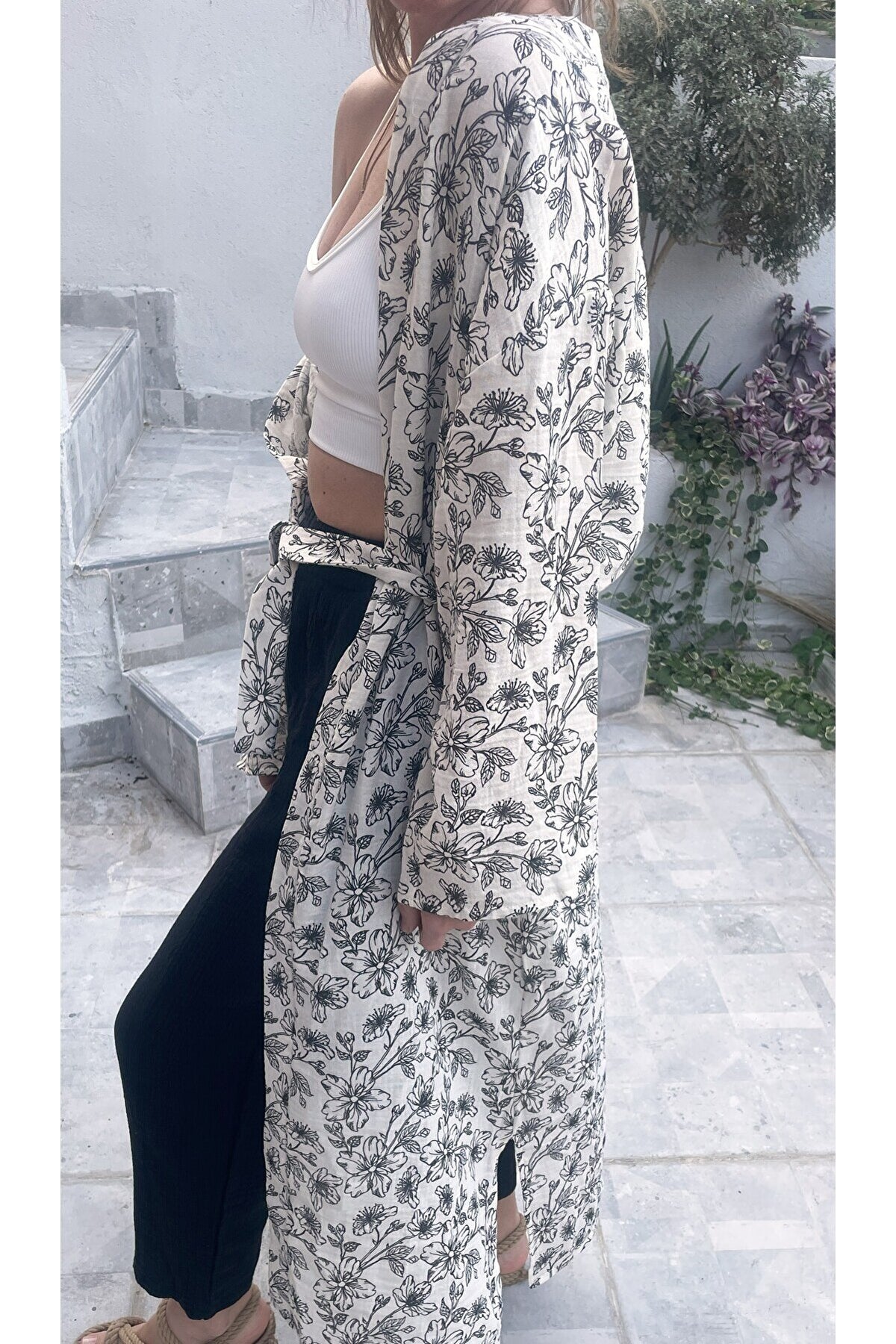 Kadın Siyah-ekru Desenli Kimono Bodrum - 2 Kat Organik Müslin Krinkıl