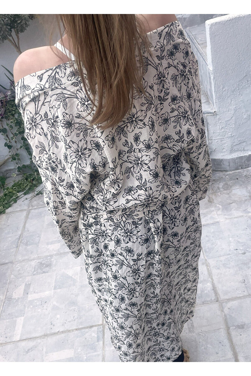 Kadın Siyah-ekru Desenli Kimono Bodrum - 2 Kat Organik Müslin Krinkıl