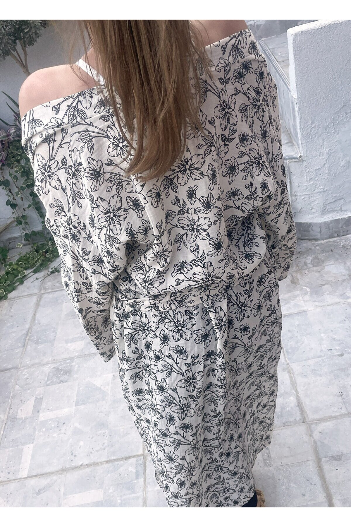 Kadın Siyah-ekru Desenli Kimono Bodrum - 2 Kat Organik Müslin Krinkıl