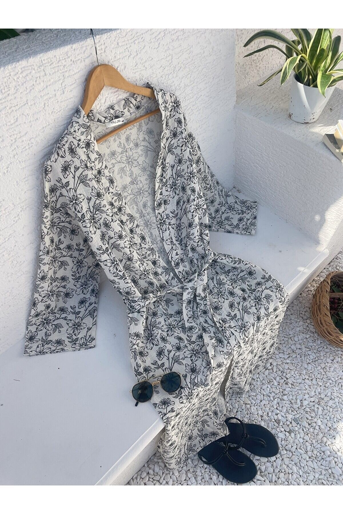 Kadın Siyah-ekru Desenli Kimono Bodrum - 2 Kat Organik Müslin Krinkıl