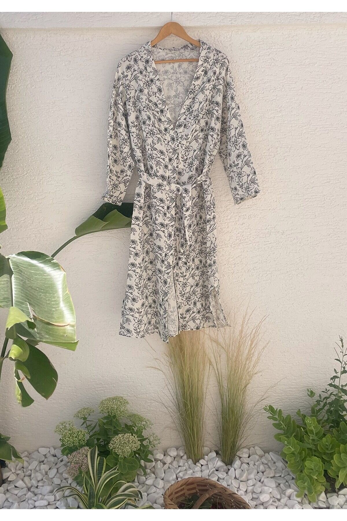 Kadın Siyah-ekru Desenli Kimono Bodrum - 2 Kat Organik Müslin Krinkıl