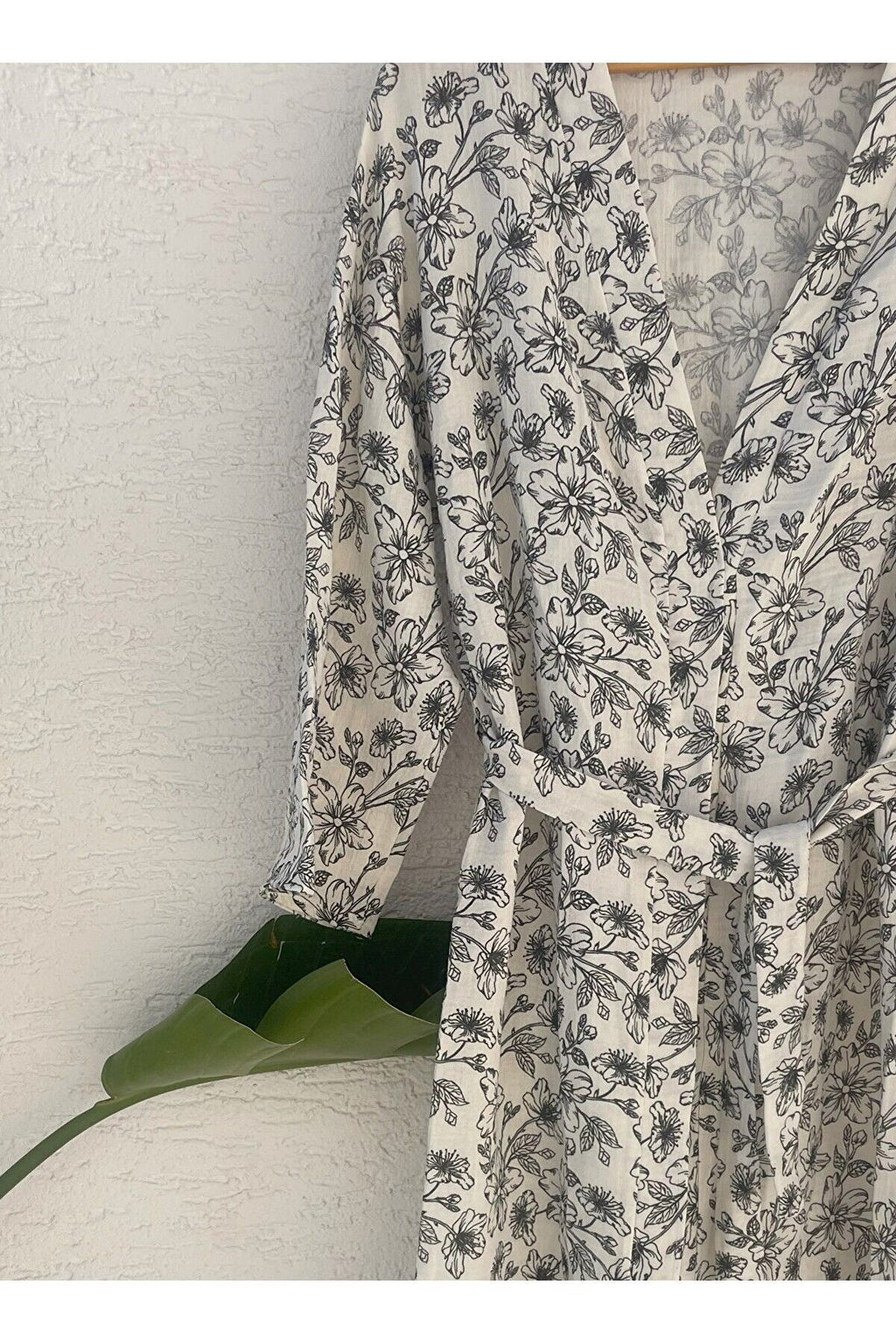Kadın Siyah-ekru Desenli Kimono Bodrum - 2 Kat Organik Müslin Krinkıl