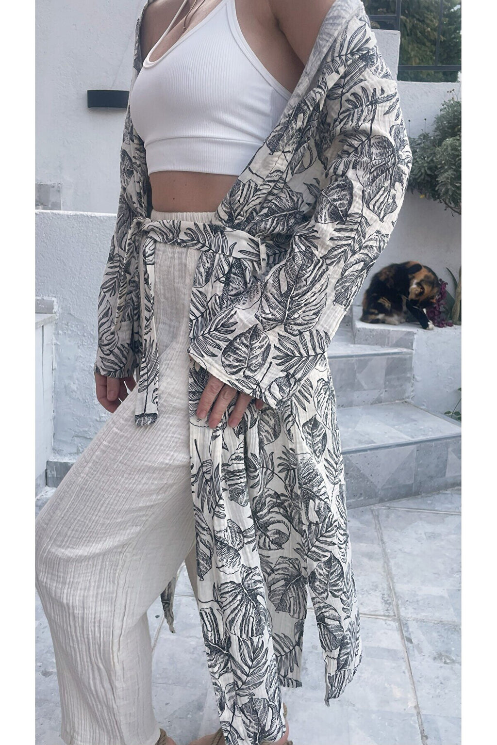 Kadın Siyah-ekru Desenli Kimono Çeşme - 2 Kat Organik Müslin Krinkıl