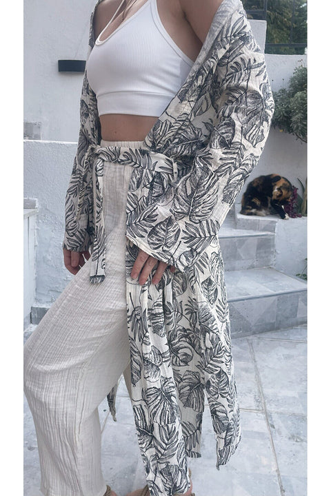 Kadın Siyah-ekru Desenli Kimono Çeşme - 2 Kat Organik Müslin Krinkıl