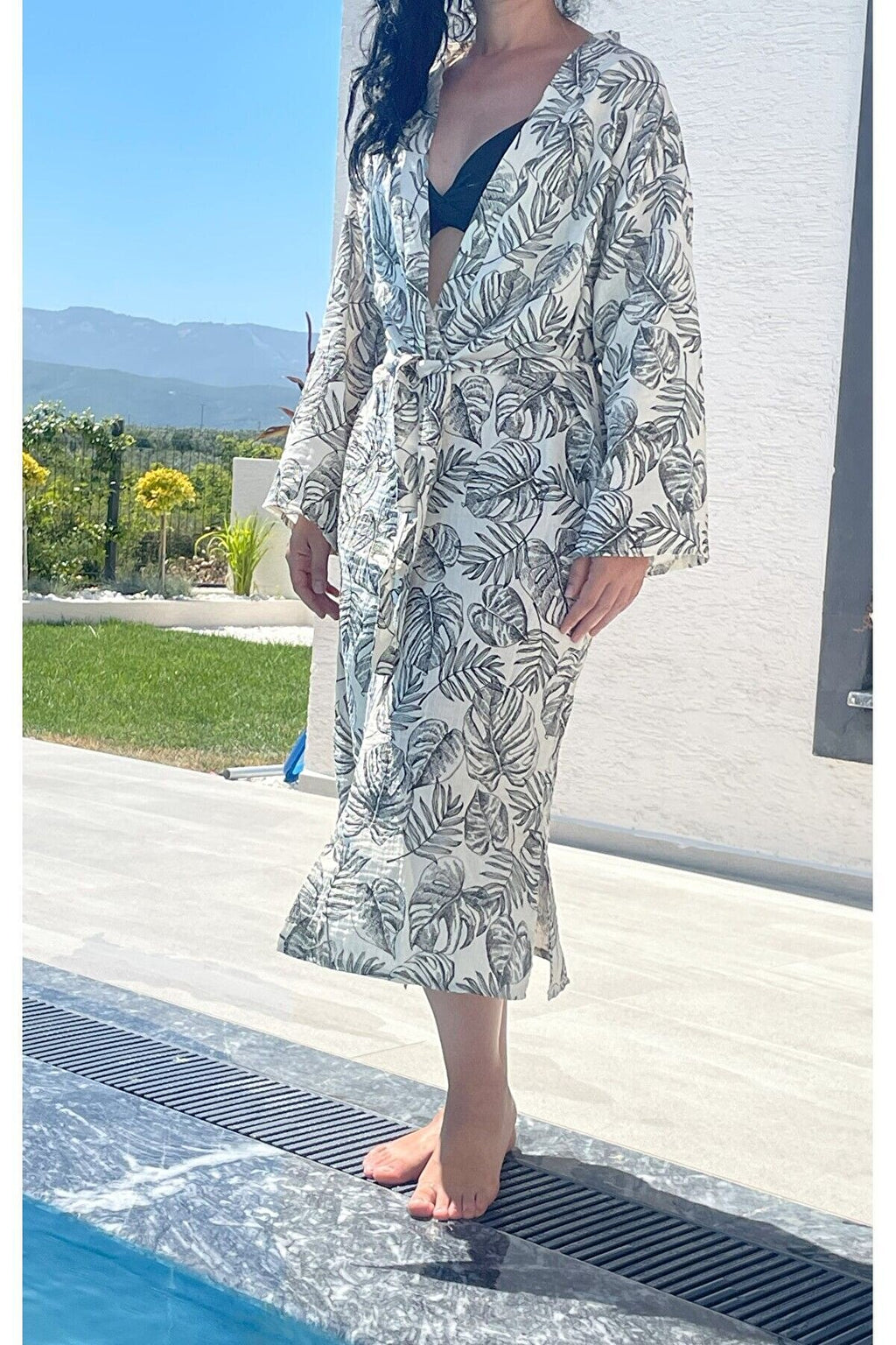 Kadın Siyah-ekru Desenli Kimono Çeşme - 2 Kat Organik Müslin Krinkıl