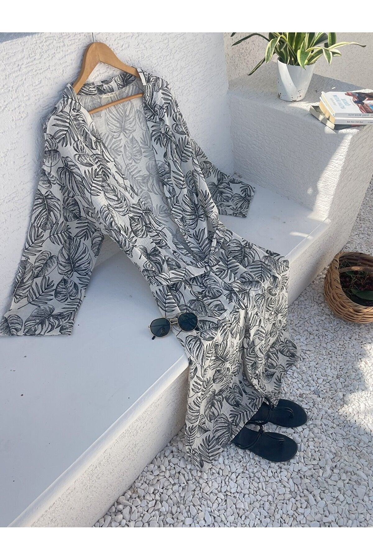 Kadın Siyah-ekru Desenli Kimono Çeşme - 2 Kat Organik Müslin Krinkıl