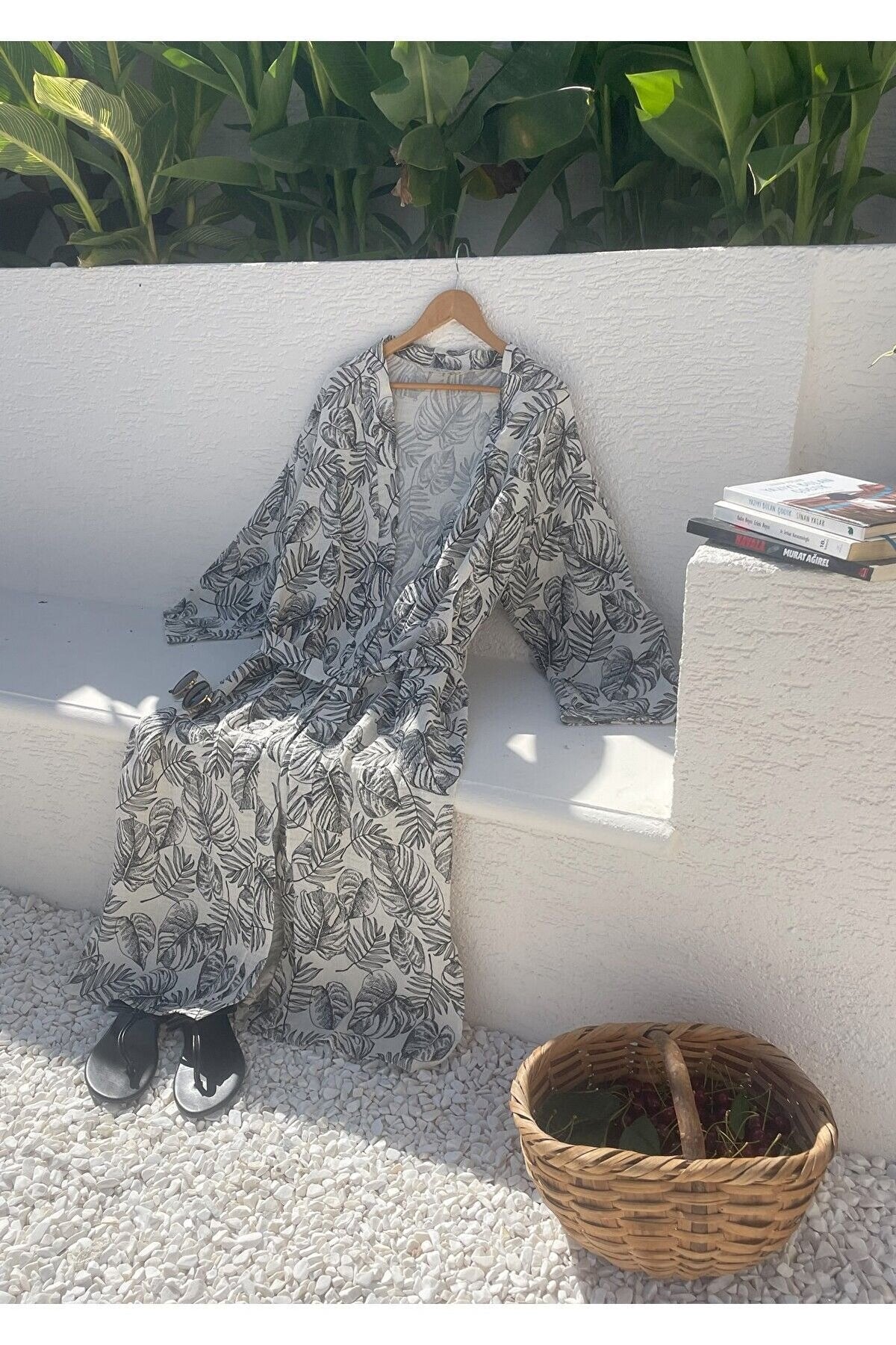 Kadın Siyah-ekru Desenli Kimono Çeşme - 2 Kat Organik Müslin Krinkıl
