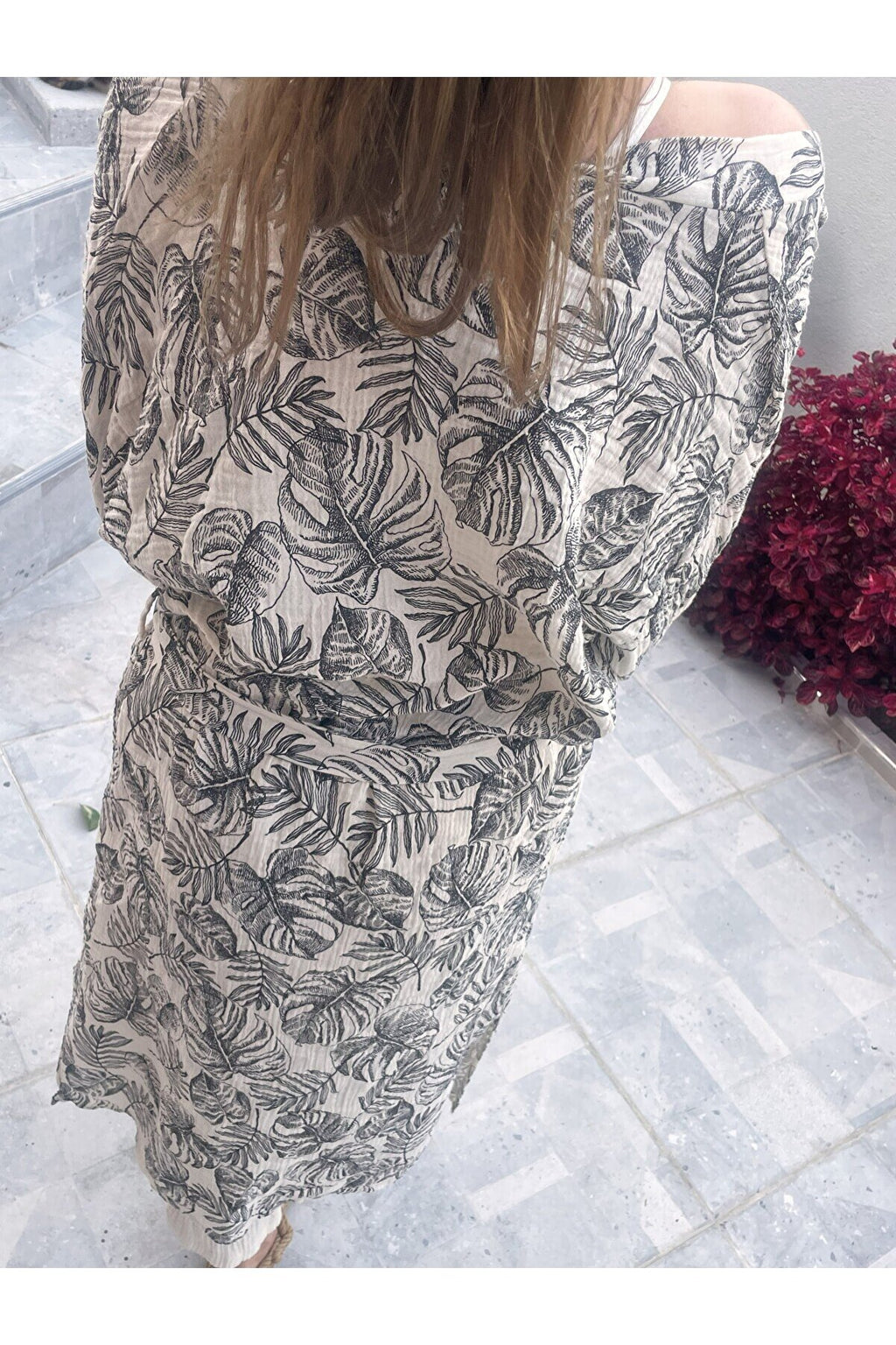Kadın Siyah-ekru Desenli Kimono Çeşme - 2 Kat Organik Müslin Krinkıl