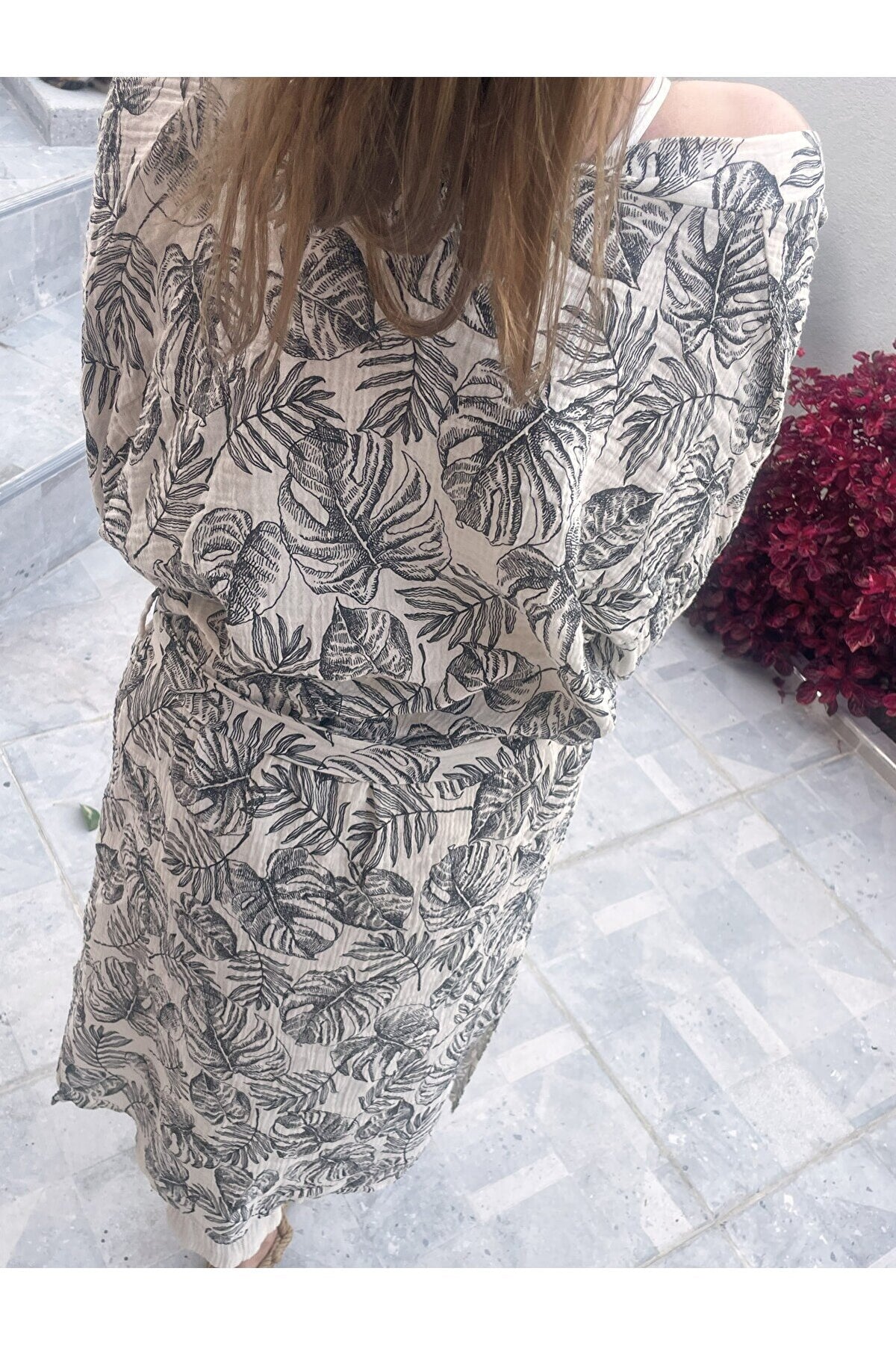 Kadın Siyah-ekru Desenli Kimono Çeşme - 2 Kat Organik Müslin Krinkıl