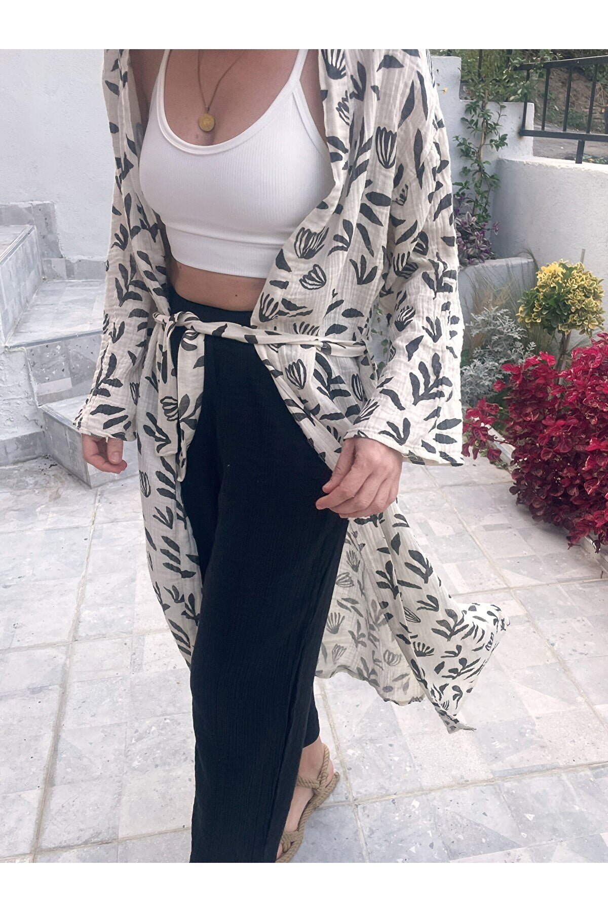 Kadın Siyah-ekru Desenli Kimono Efes 2 Kat Organik Müslin Krinkıl