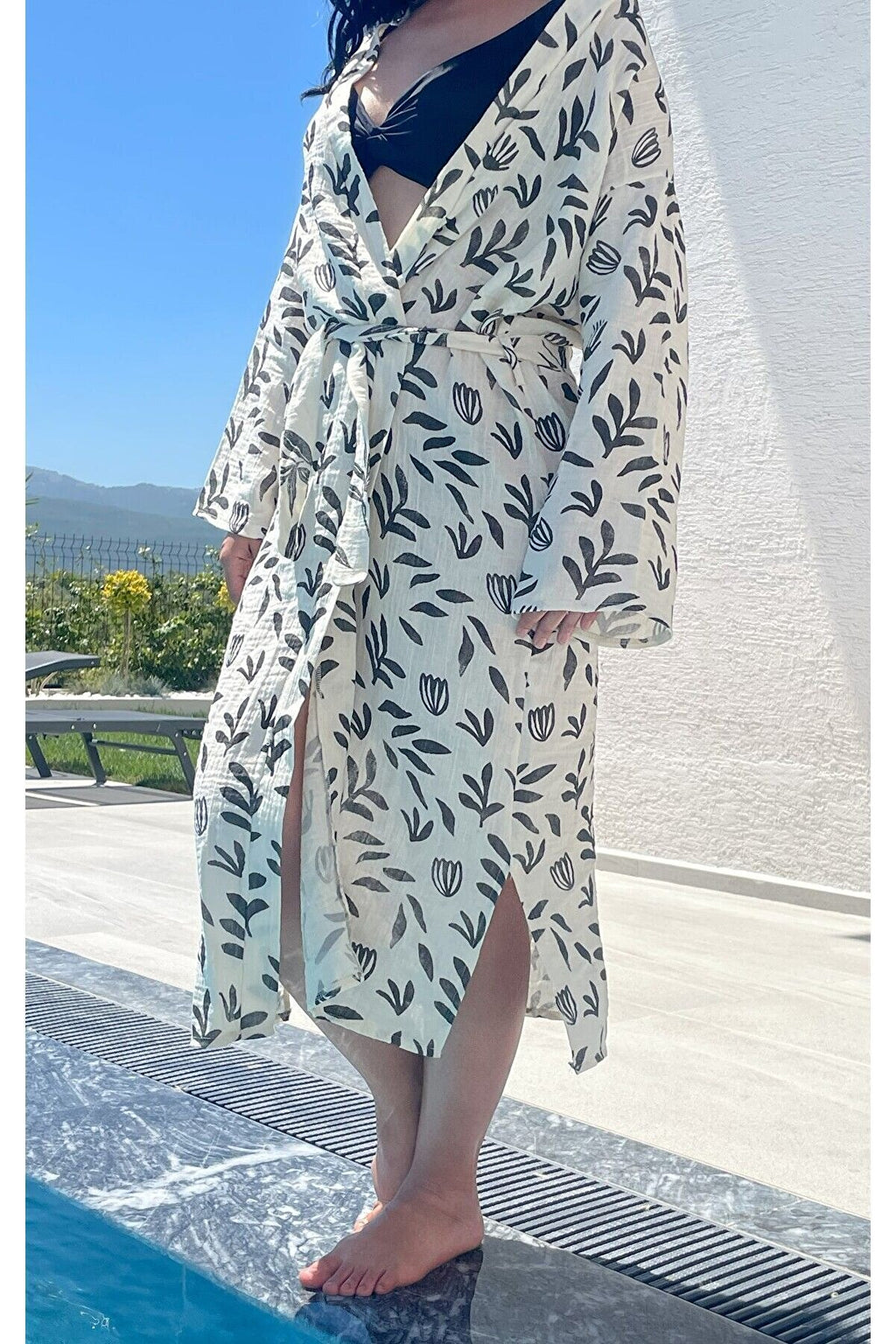 Kadın Siyah-ekru Desenli Kimono Efes 2 Kat Organik Müslin Krinkıl