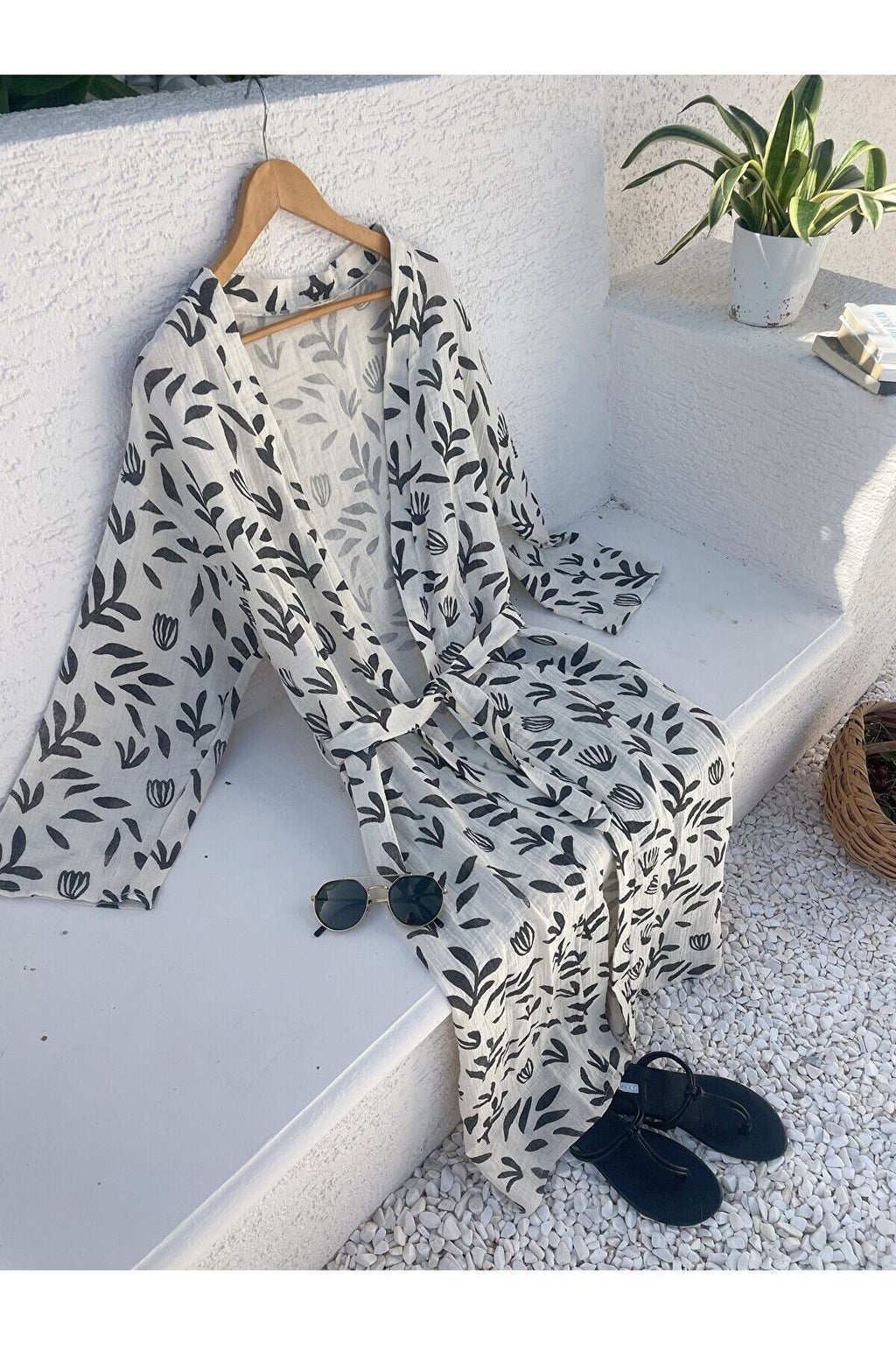 Kadın Siyah-ekru Desenli Kimono Efes 2 Kat Organik Müslin Krinkıl