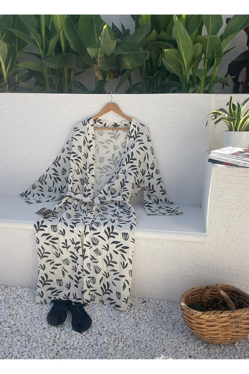 Kadın Siyah-ekru Desenli Kimono Efes 2 Kat Organik Müslin Krinkıl
