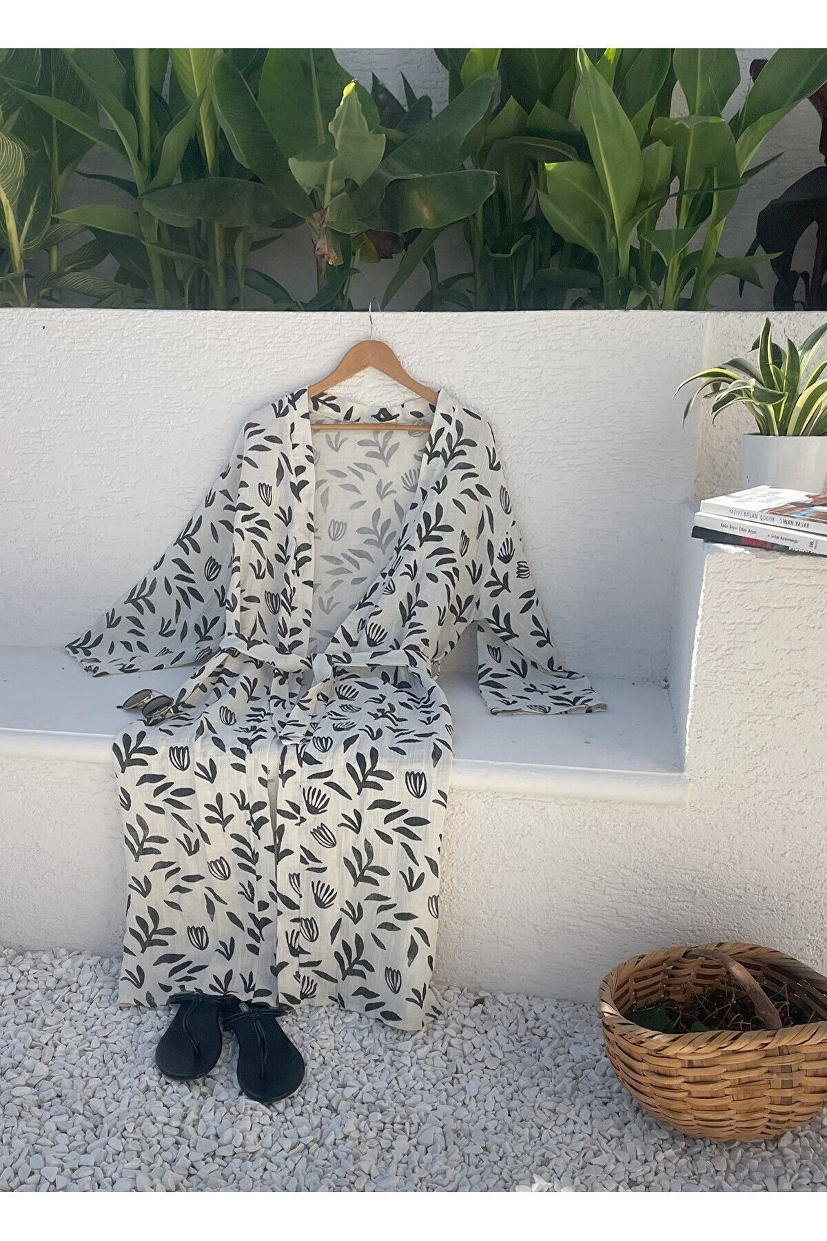 Kadın Siyah-ekru Desenli Kimono Efes 2 Kat Organik Müslin Krinkıl