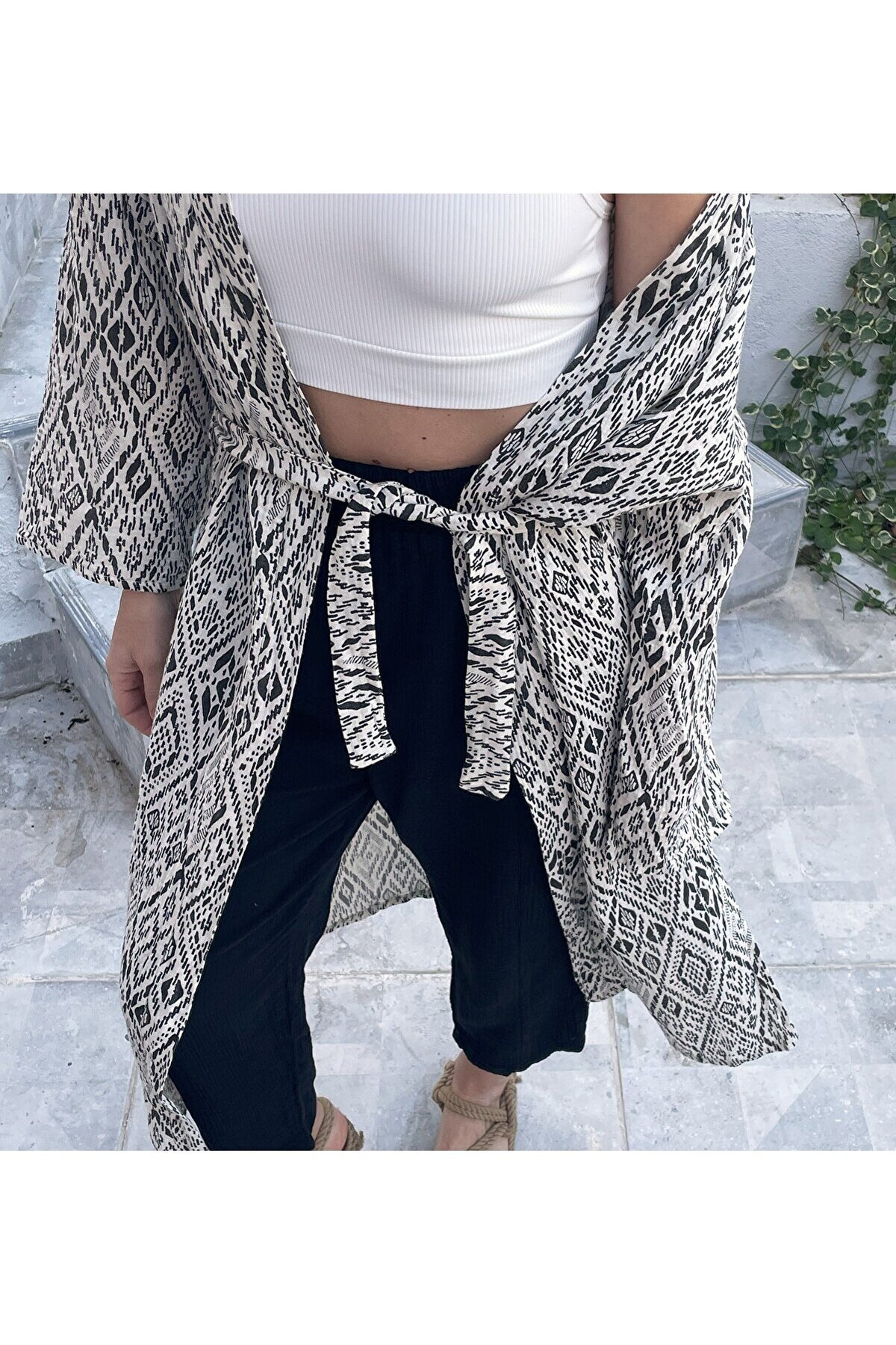 Kadın Siyah-ekru Desenli Kimono Kapadokya - 2 Kat Organik Müslin Krinkıl