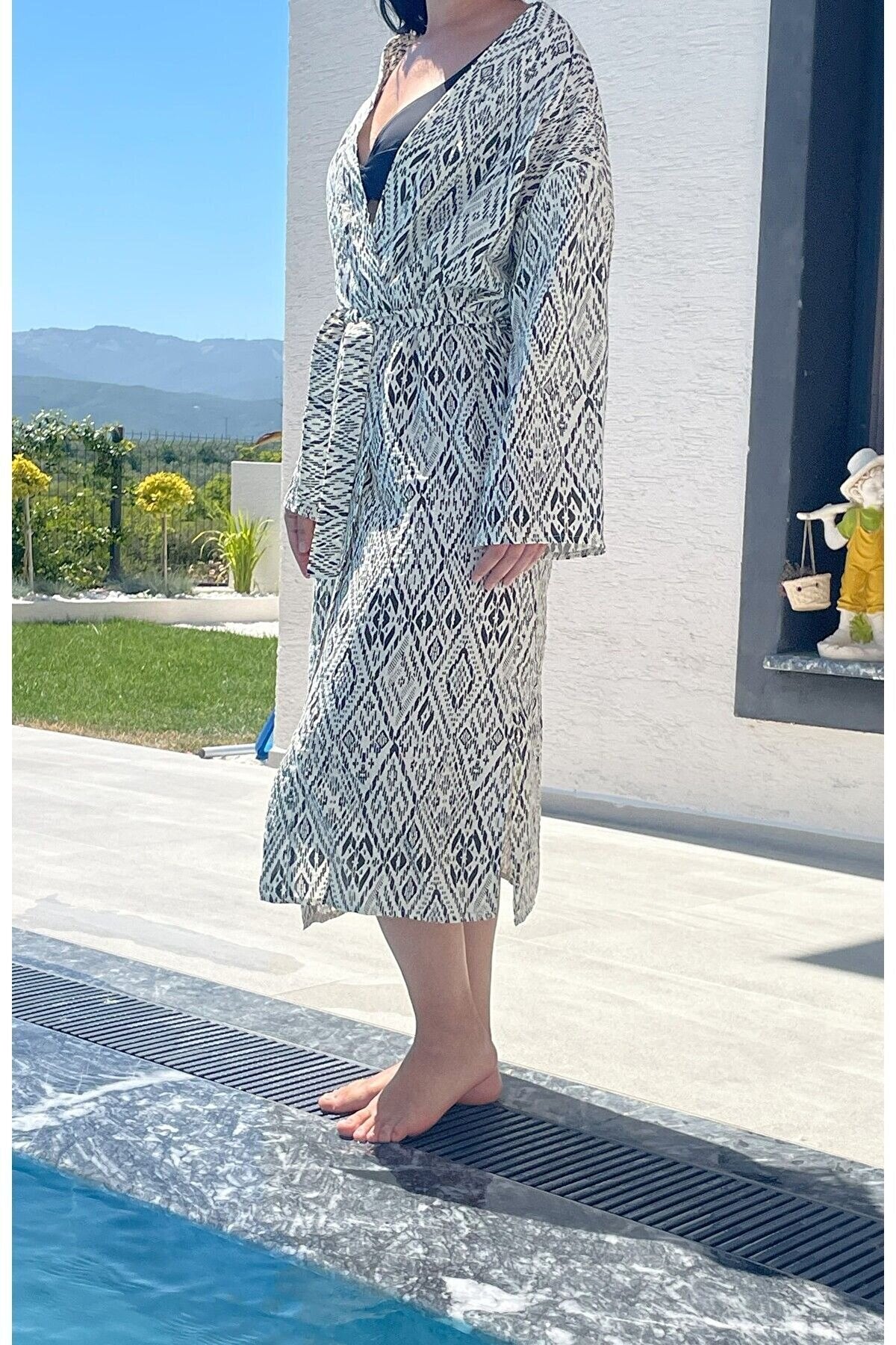 Kadın Siyah-ekru Desenli Kimono Kapadokya - 2 Kat Organik Müslin Krinkıl
