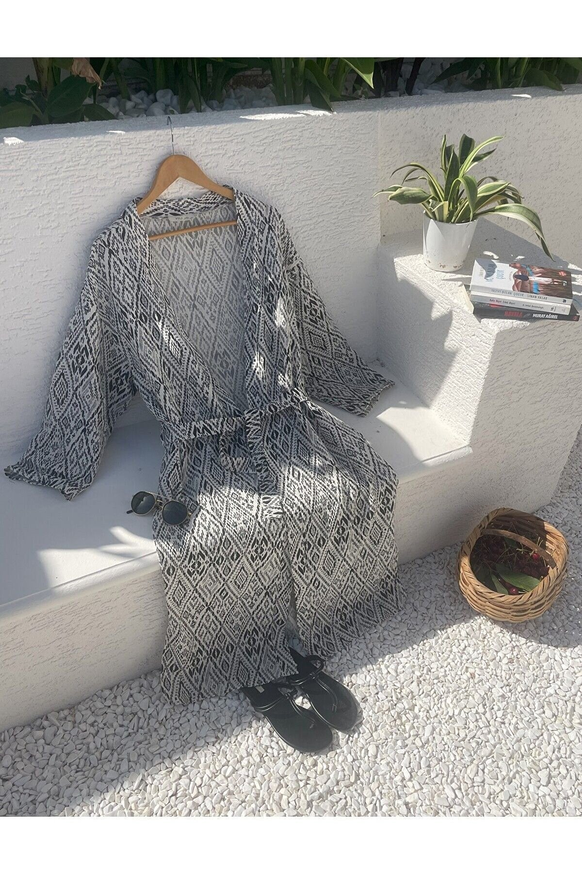 Kadın Siyah-ekru Desenli Kimono Kapadokya - 2 Kat Organik Müslin Krinkıl