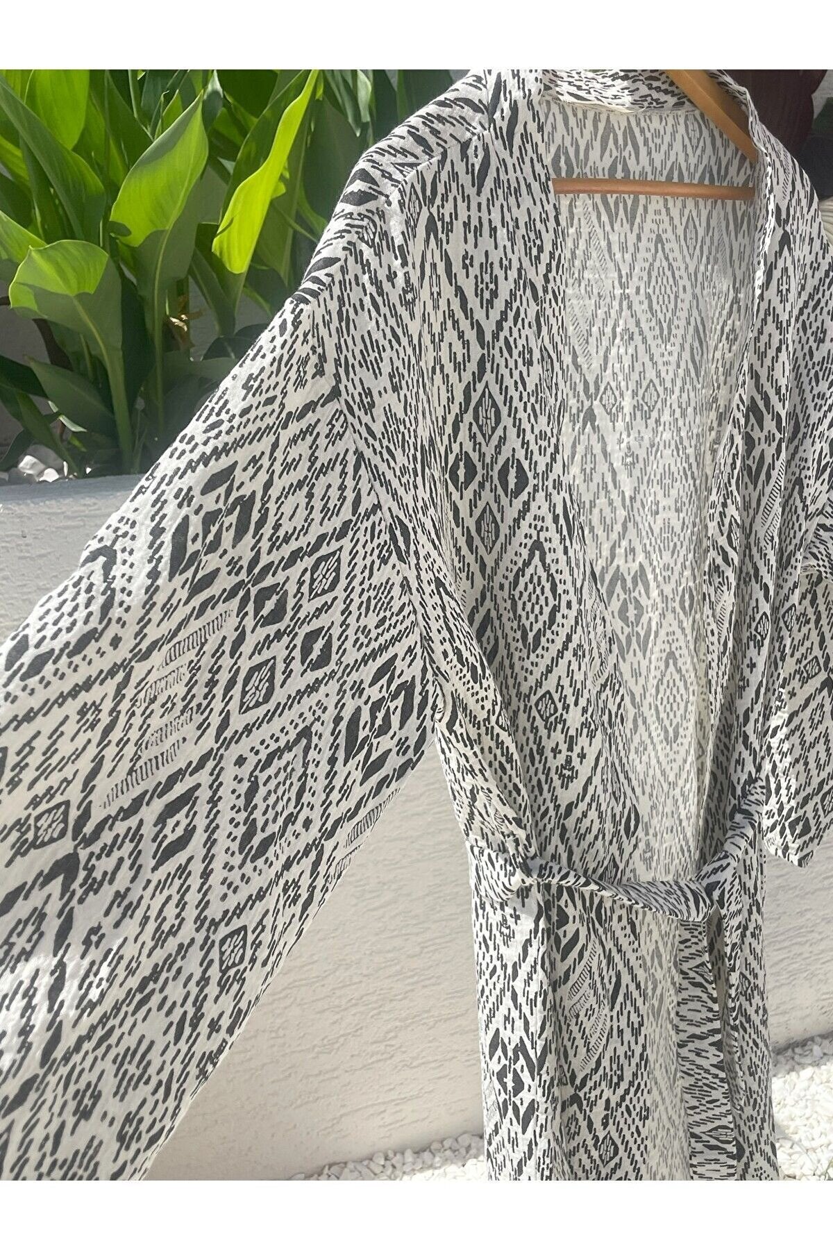 Kadın Siyah-ekru Desenli Kimono Kapadokya - 2 Kat Organik Müslin Krinkıl