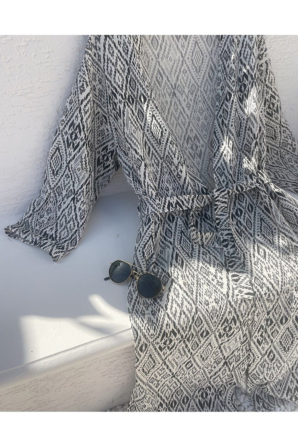 Kadın Siyah-ekru Desenli Kimono Kapadokya - 2 Kat Organik Müslin Krinkıl