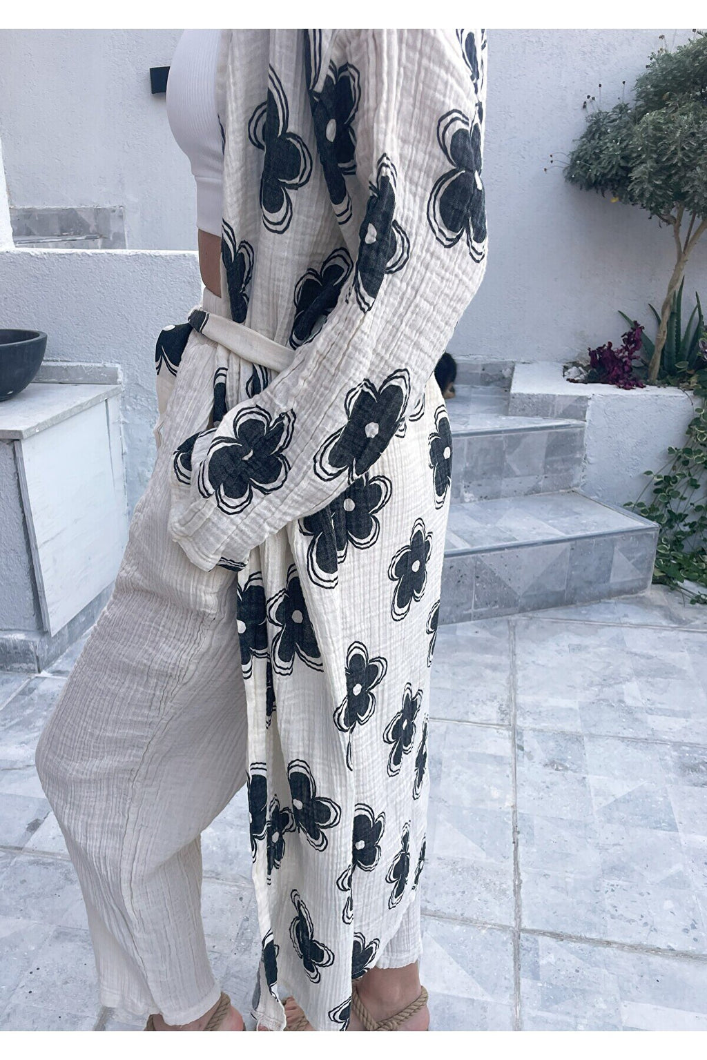 Kadın Siyah-ekru Desenli Kimono Kaş - 2 Kat Organik Müslin Krinkıl