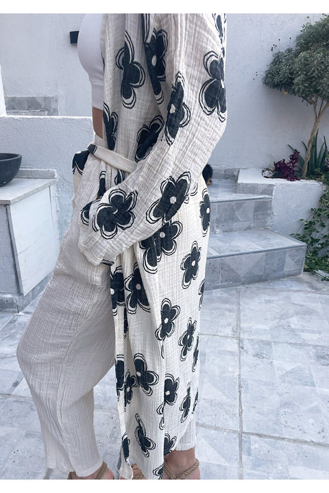 Kadın Siyah-ekru Desenli Kimono Kaş - 2 Kat Organik Müslin Krinkıl