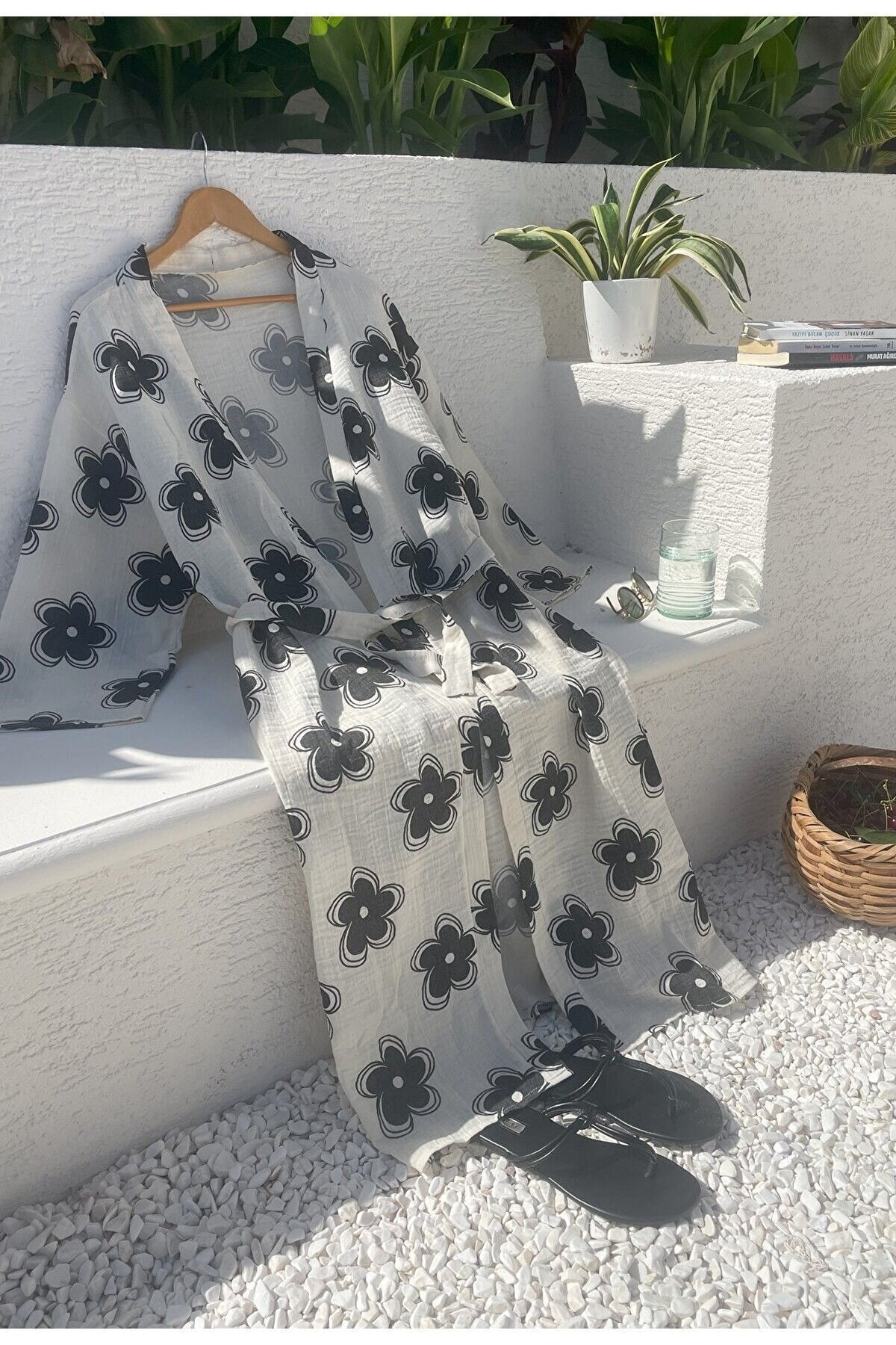 Kadın Siyah-ekru Desenli Kimono Kaş - 2 Kat Organik Müslin Krinkıl