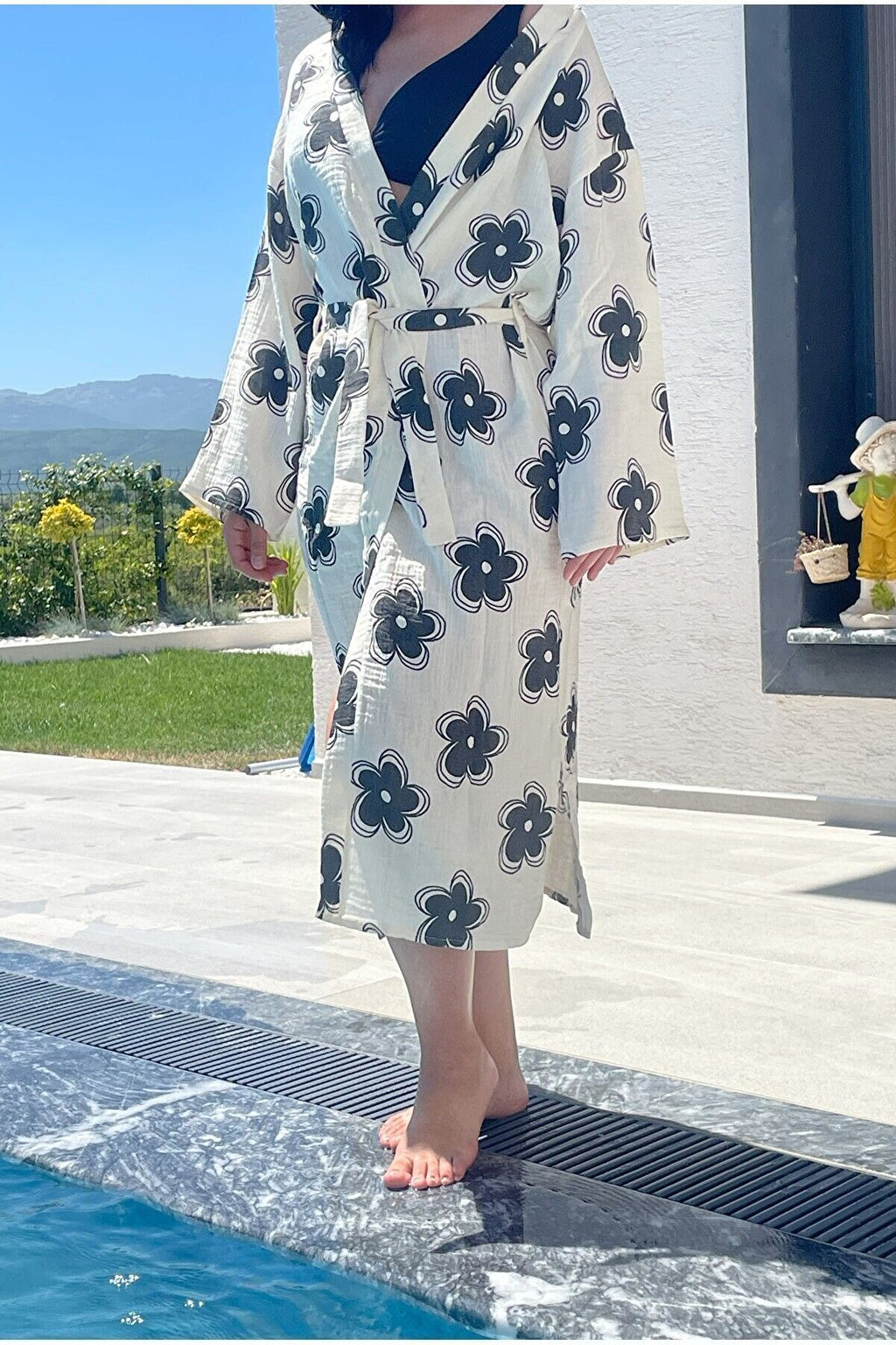 Kadın Siyah-ekru Desenli Kimono Kaş - 2 Kat Organik Müslin Krinkıl