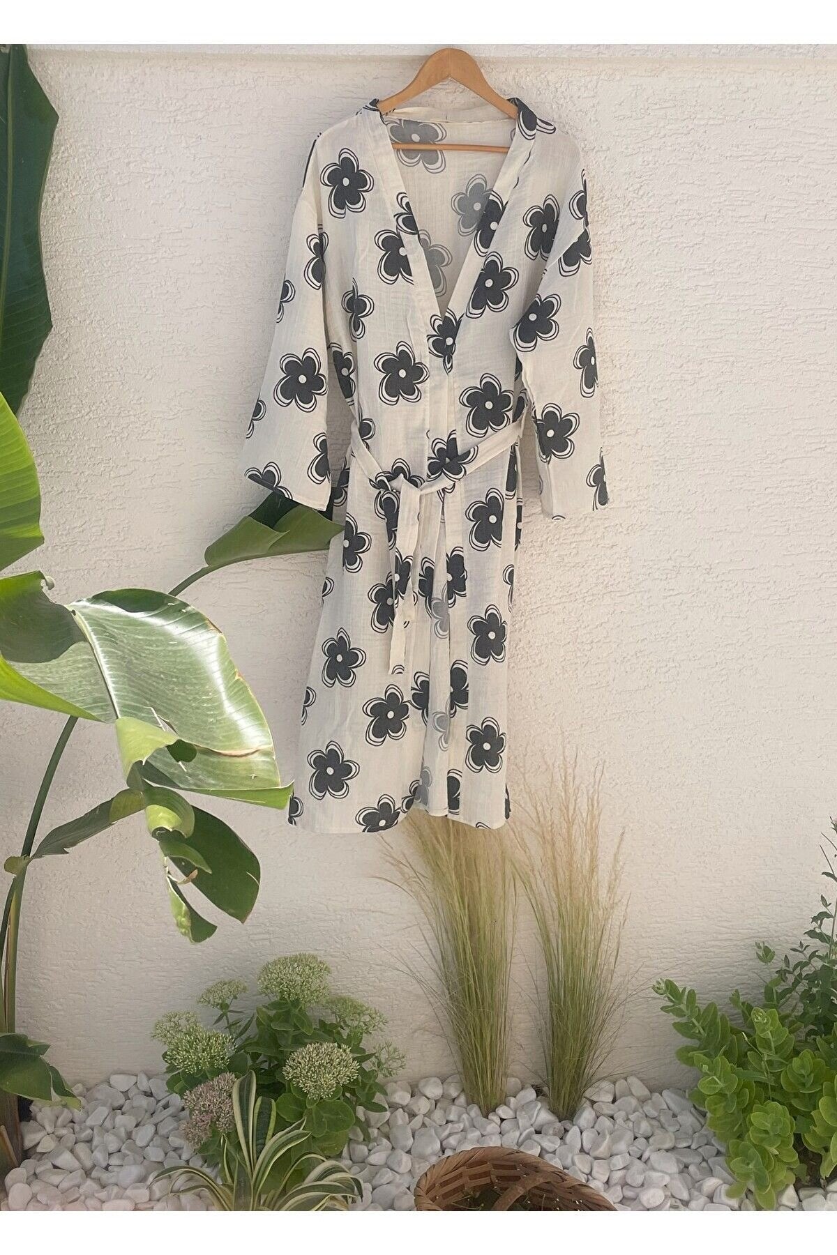 Kadın Siyah-ekru Desenli Kimono Kaş - 2 Kat Organik Müslin Krinkıl