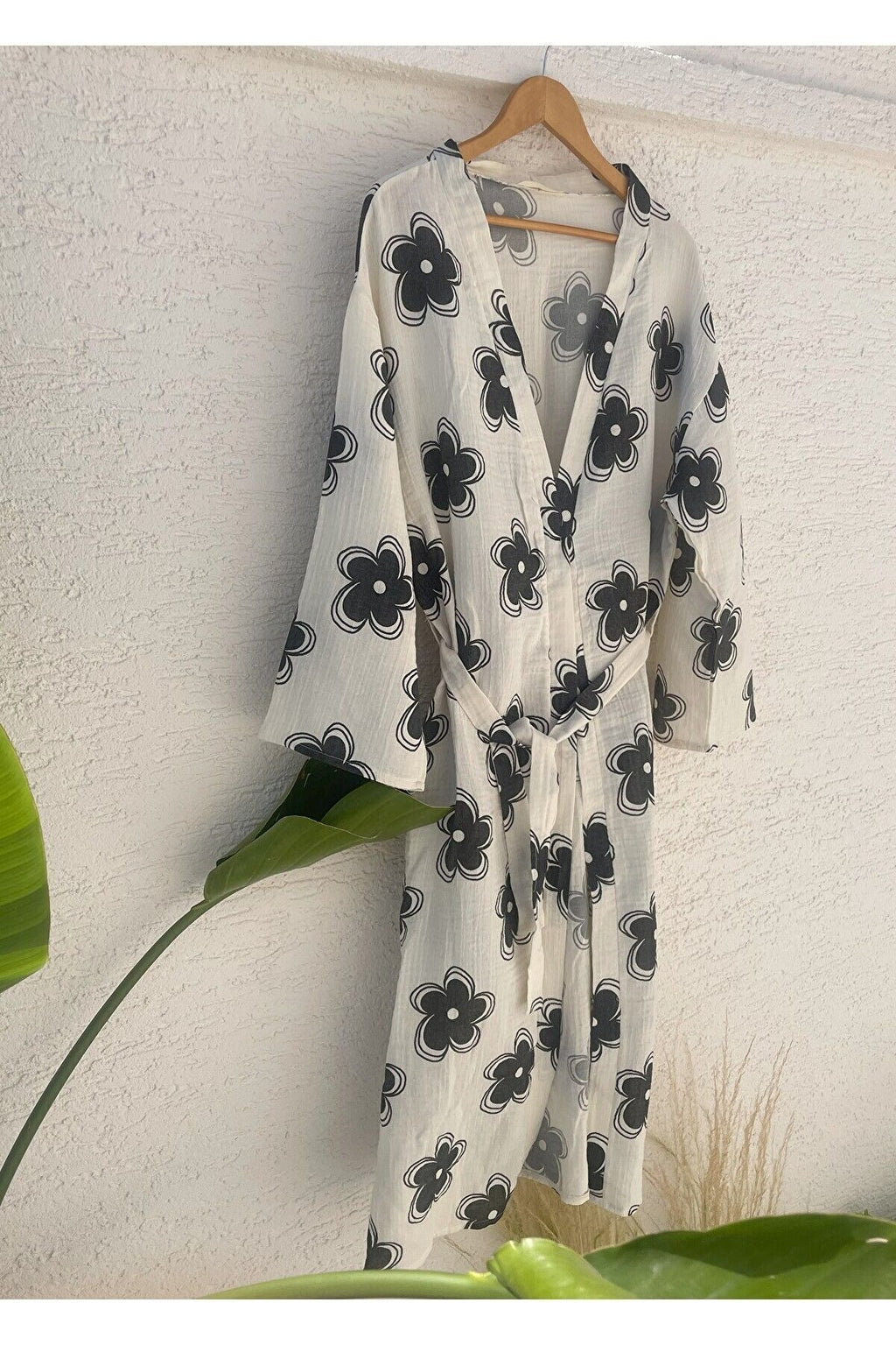 Kadın Siyah-ekru Desenli Kimono Kaş - 2 Kat Organik Müslin Krinkıl