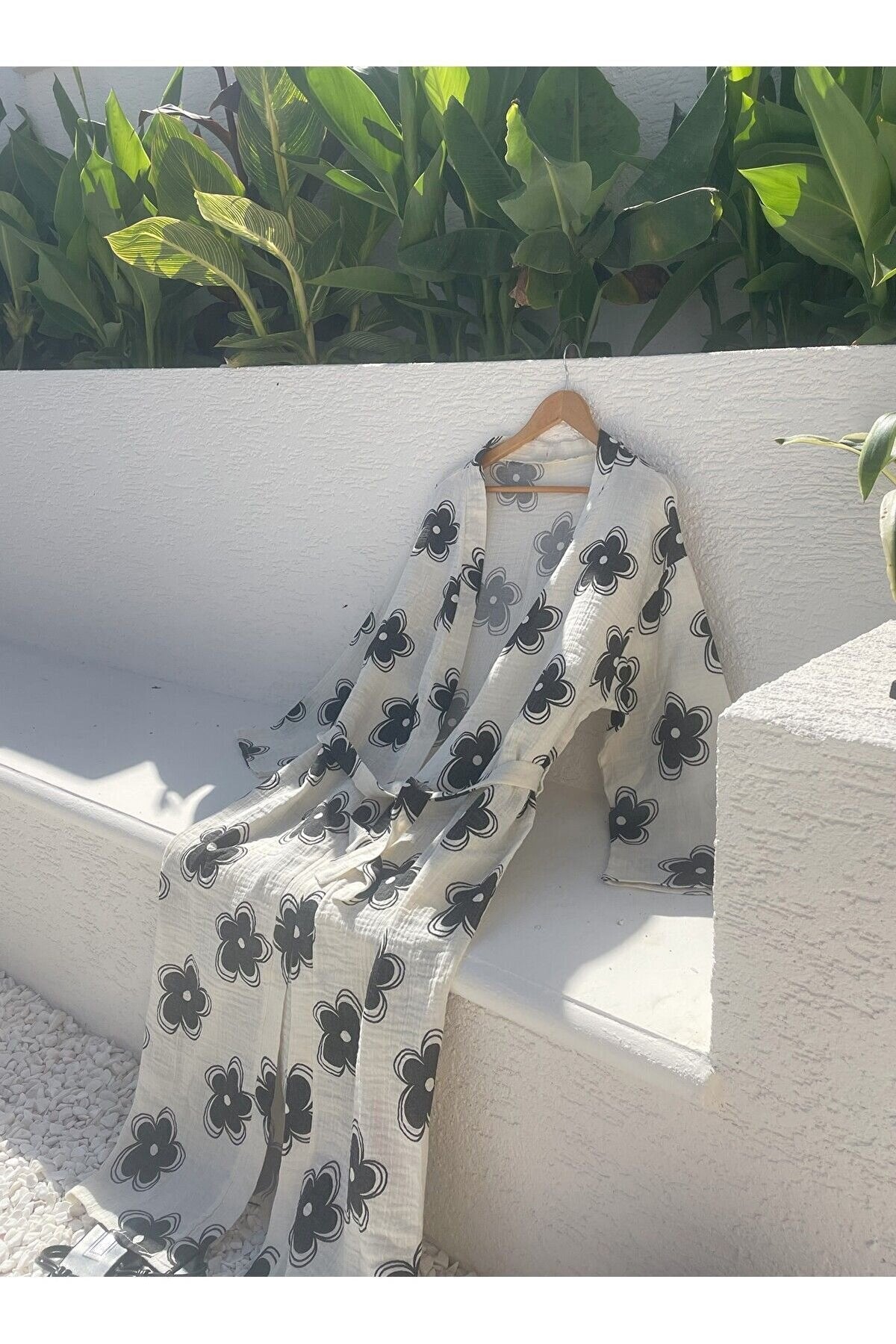 Kadın Siyah-ekru Desenli Kimono Kaş - 2 Kat Organik Müslin Krinkıl