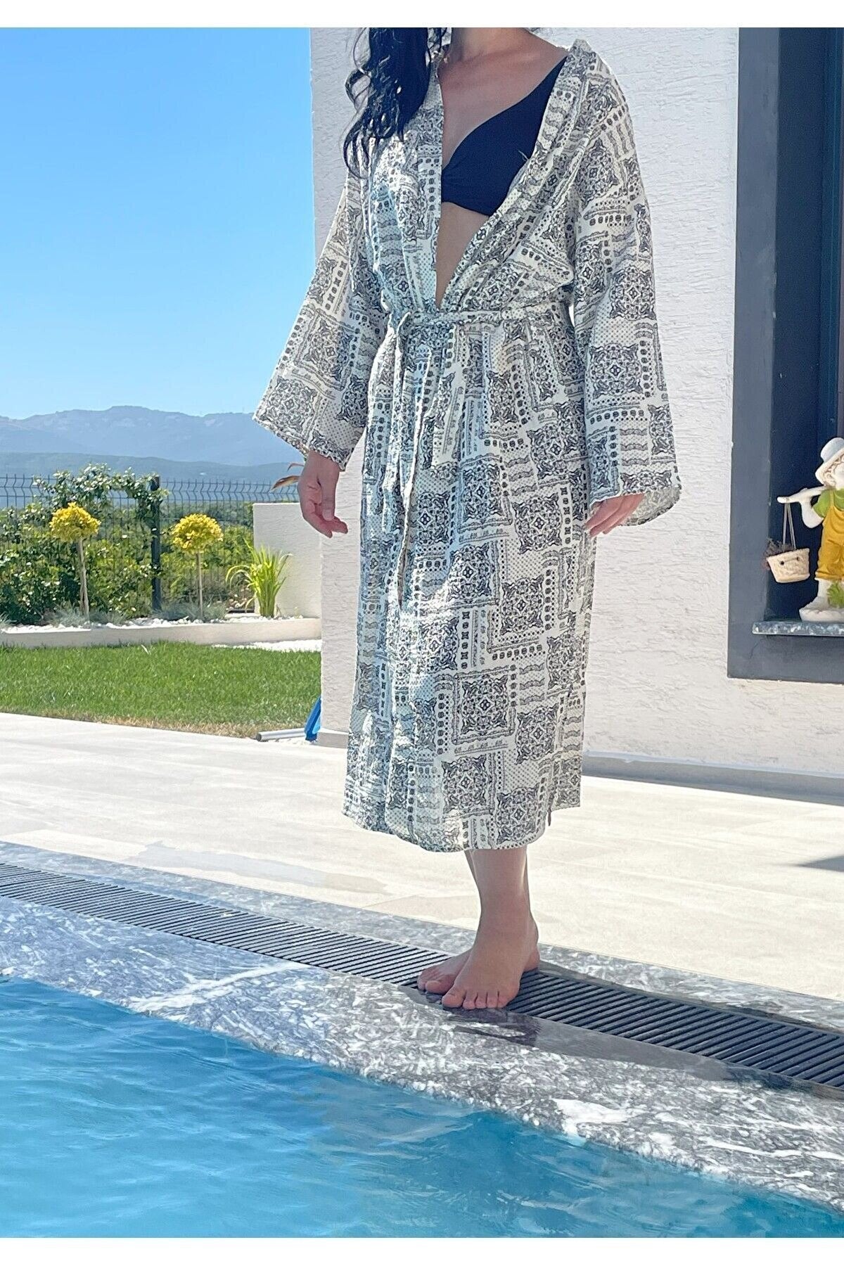 Kadın Siyah-ekru Desenli Kimono Midyat - 2 Kat Organik Müslin Krinkıl