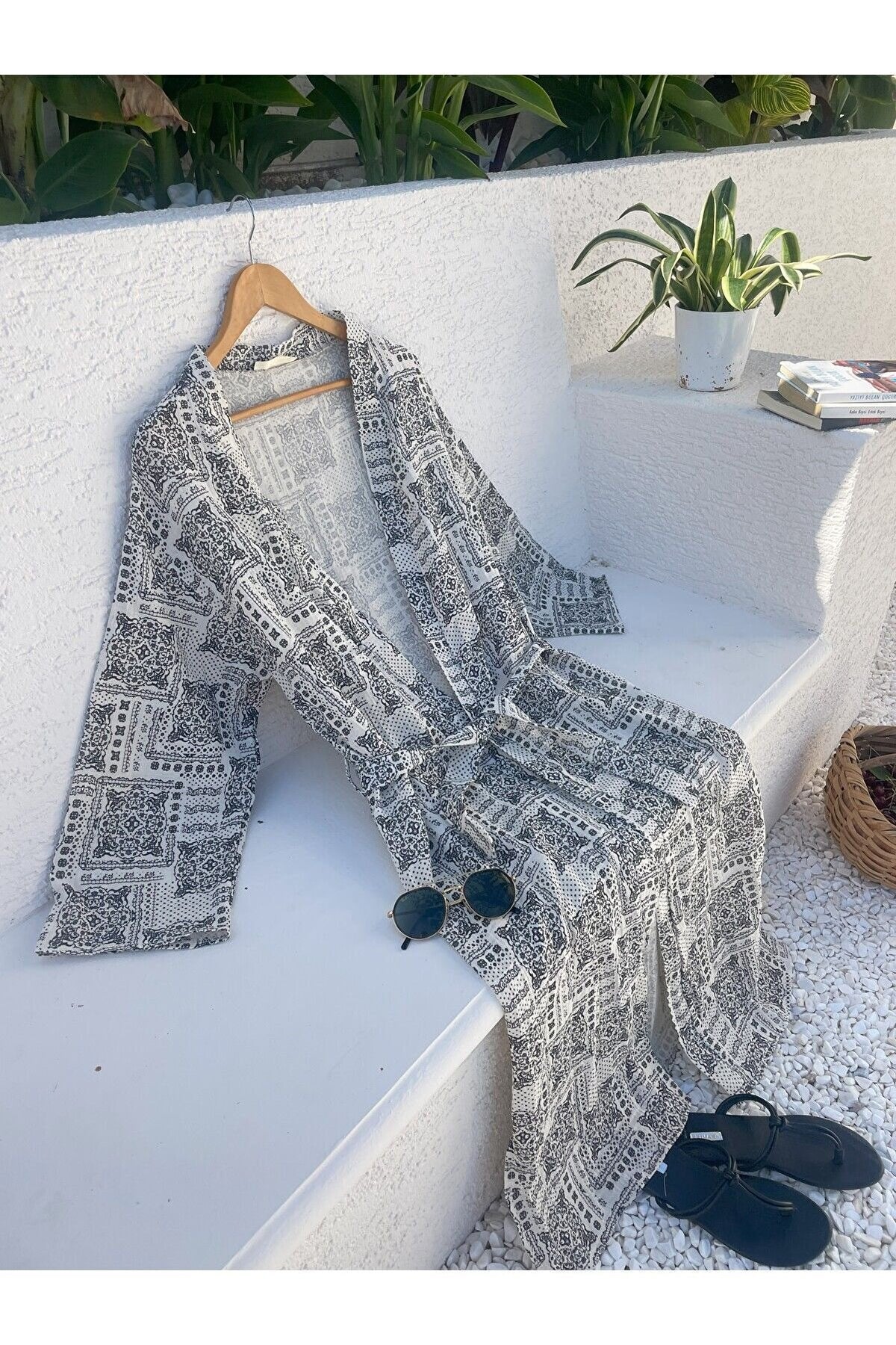 Kadın Siyah-ekru Desenli Kimono Midyat - 2 Kat Organik Müslin Krinkıl