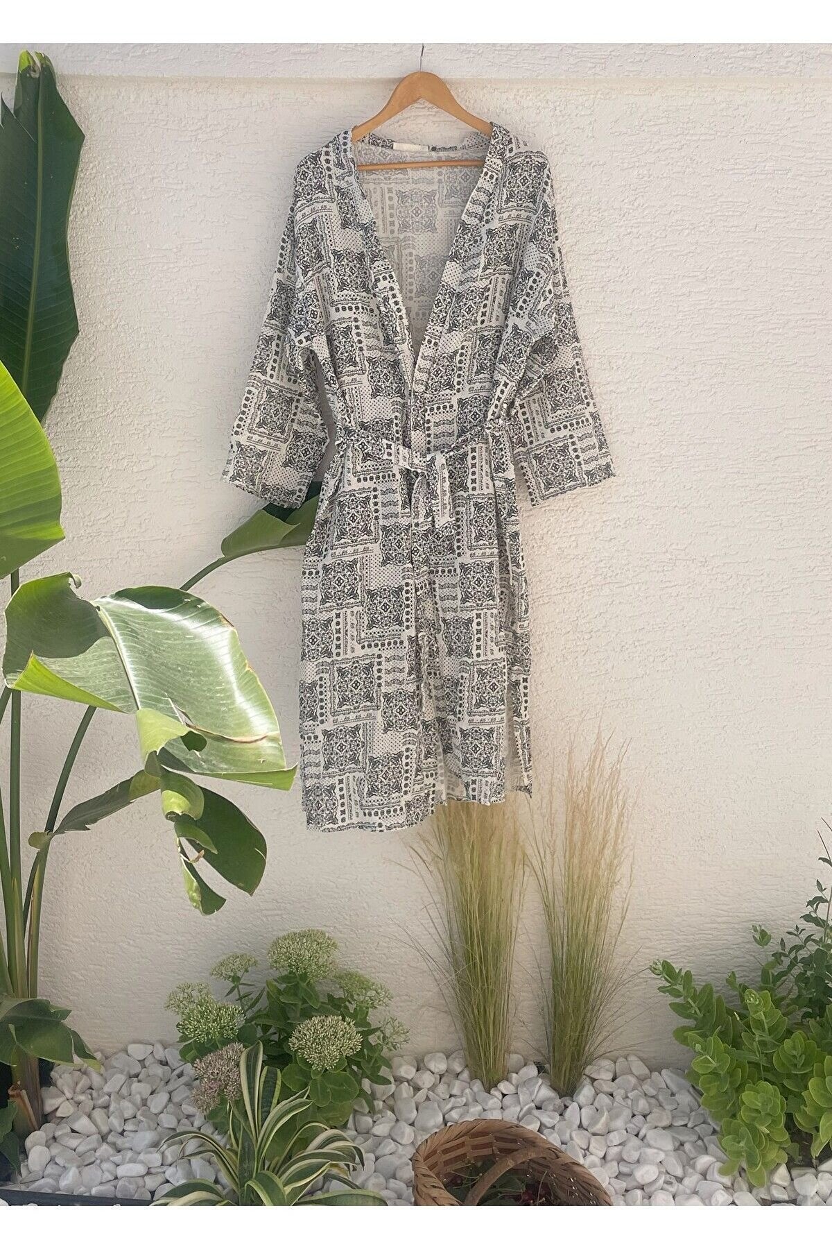 Kadın Siyah-ekru Desenli Kimono Midyat - 2 Kat Organik Müslin Krinkıl